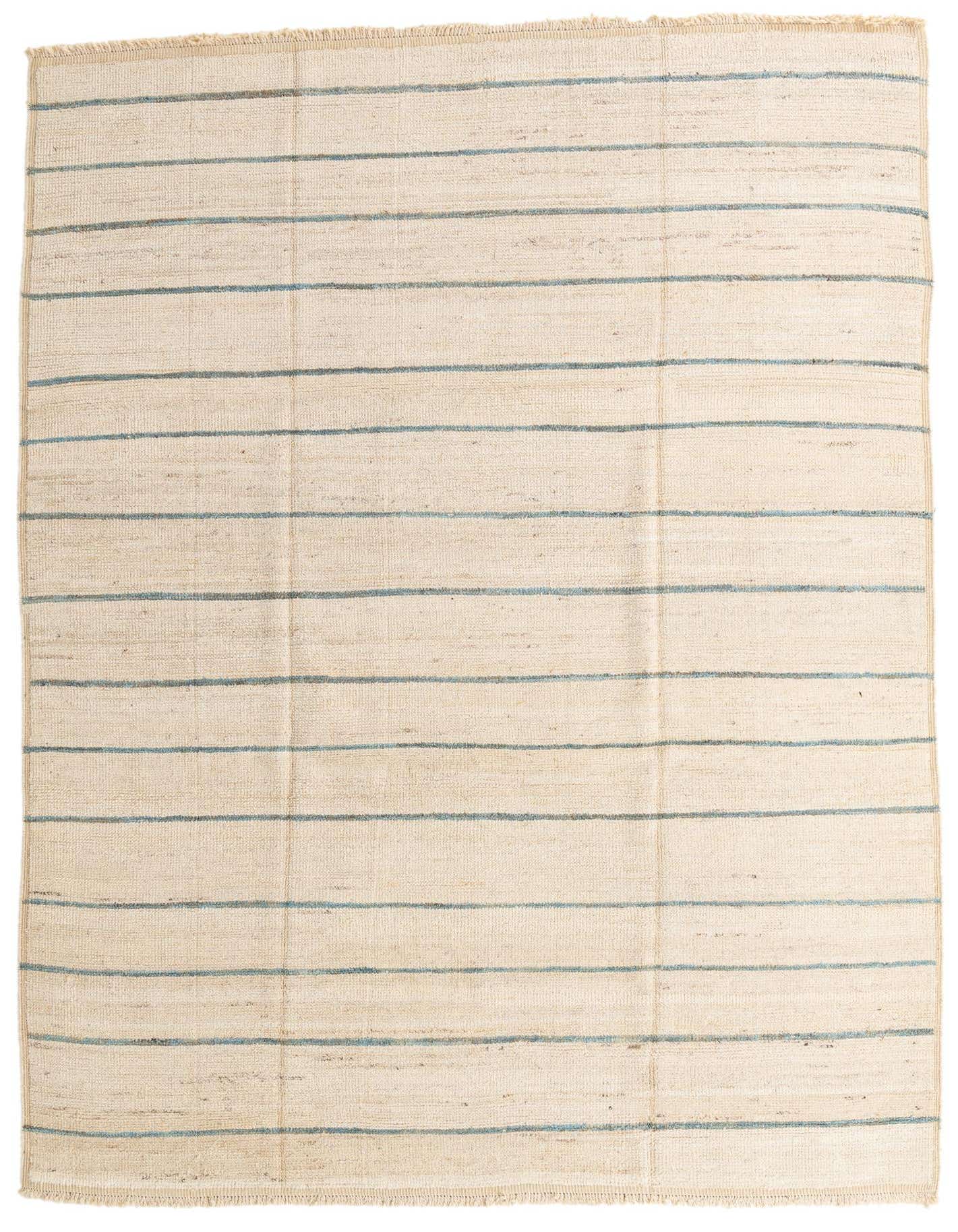 A 9x12 rectangular ivory wool shag rug with thin horizontal blue stripes, suitable for a living room.