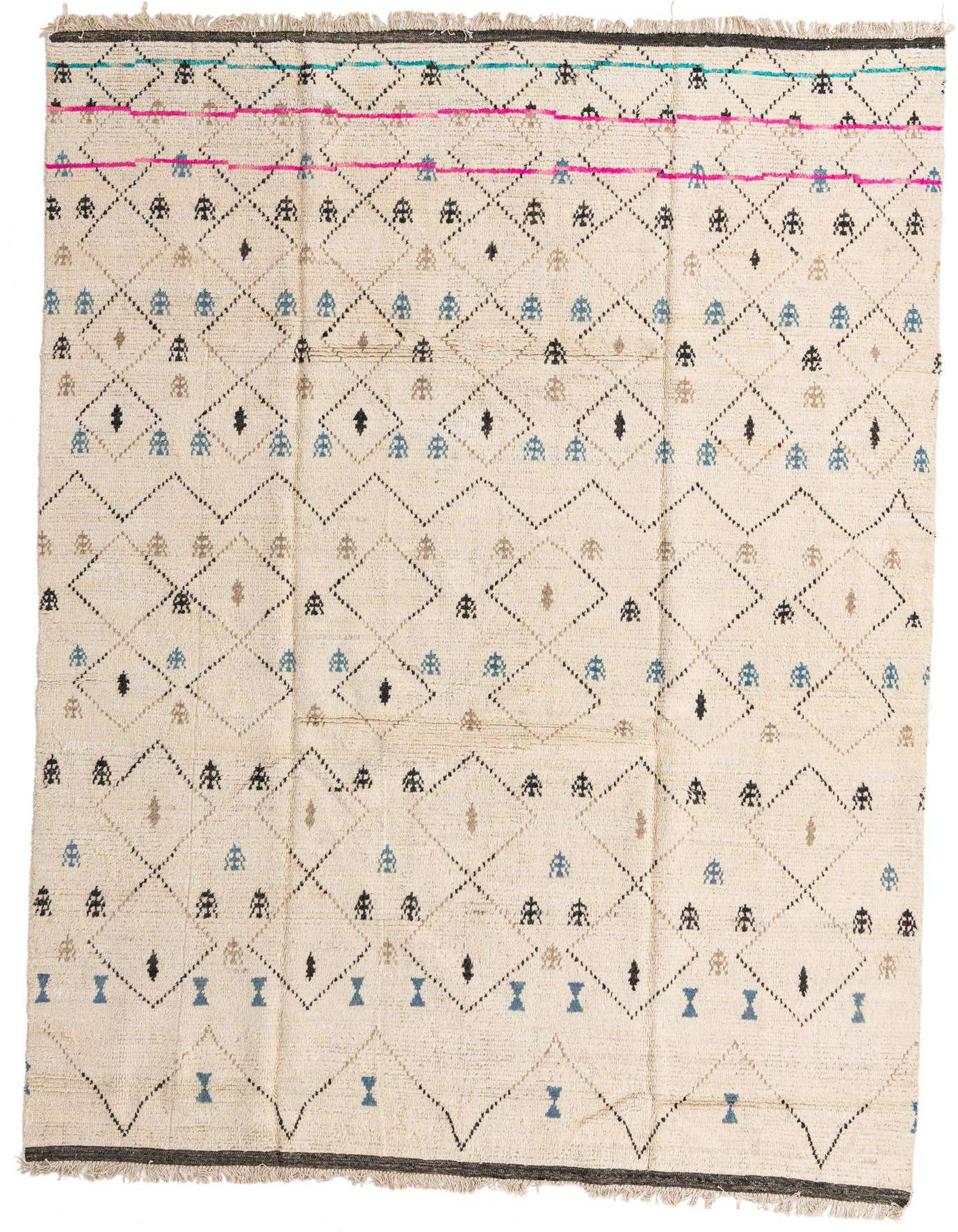 A 9x12 rectangular ivory tribal wool shag rug with a modern diamond pattern and colorful accents.
