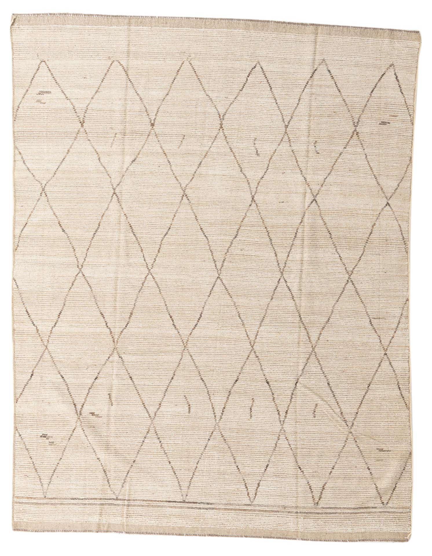 An 8x10 rectangular ivory wool shag rug with a subtle brown diamond pattern, perfect for a modern living room.