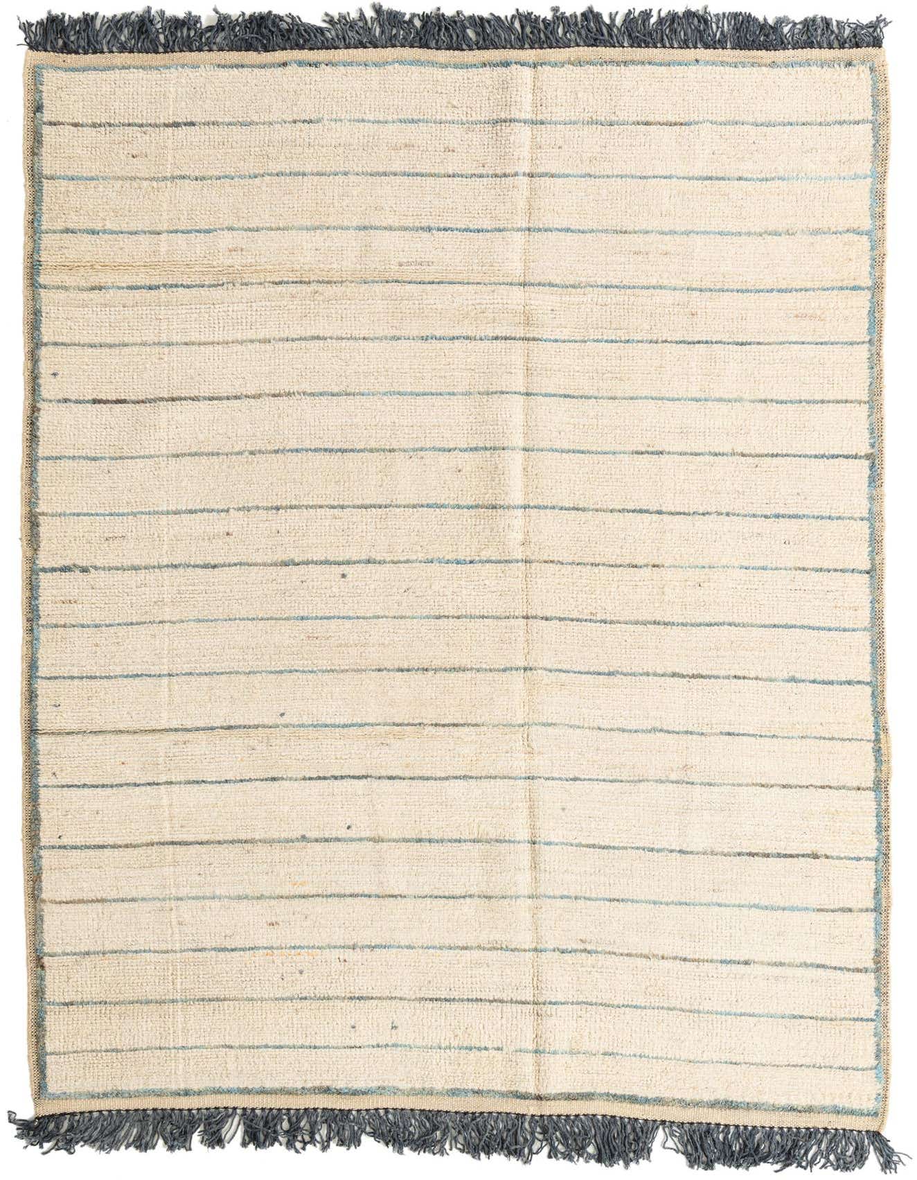 A 6x9 rectangular ivory shag rug with thin horizontal blue and gray stripes, featuring dark gray fringe.