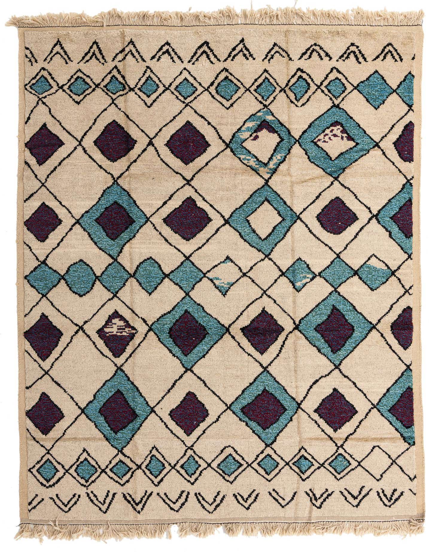 A 9x12 rectangular ivory wool shag rug with a tribal geometric pattern of teal and burgundy diamonds.