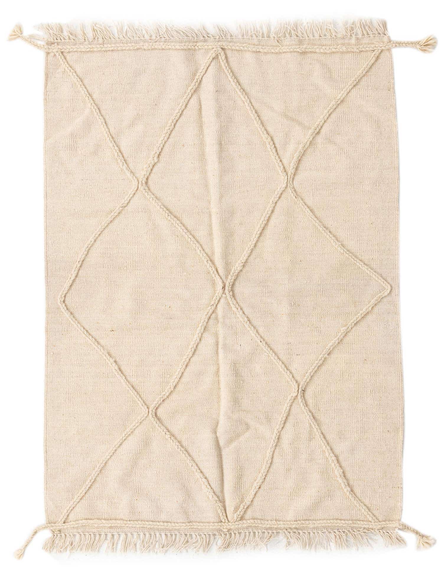 A 3x5 rectangular ivory wool shag rug with a braided diamond pattern and fringed ends.