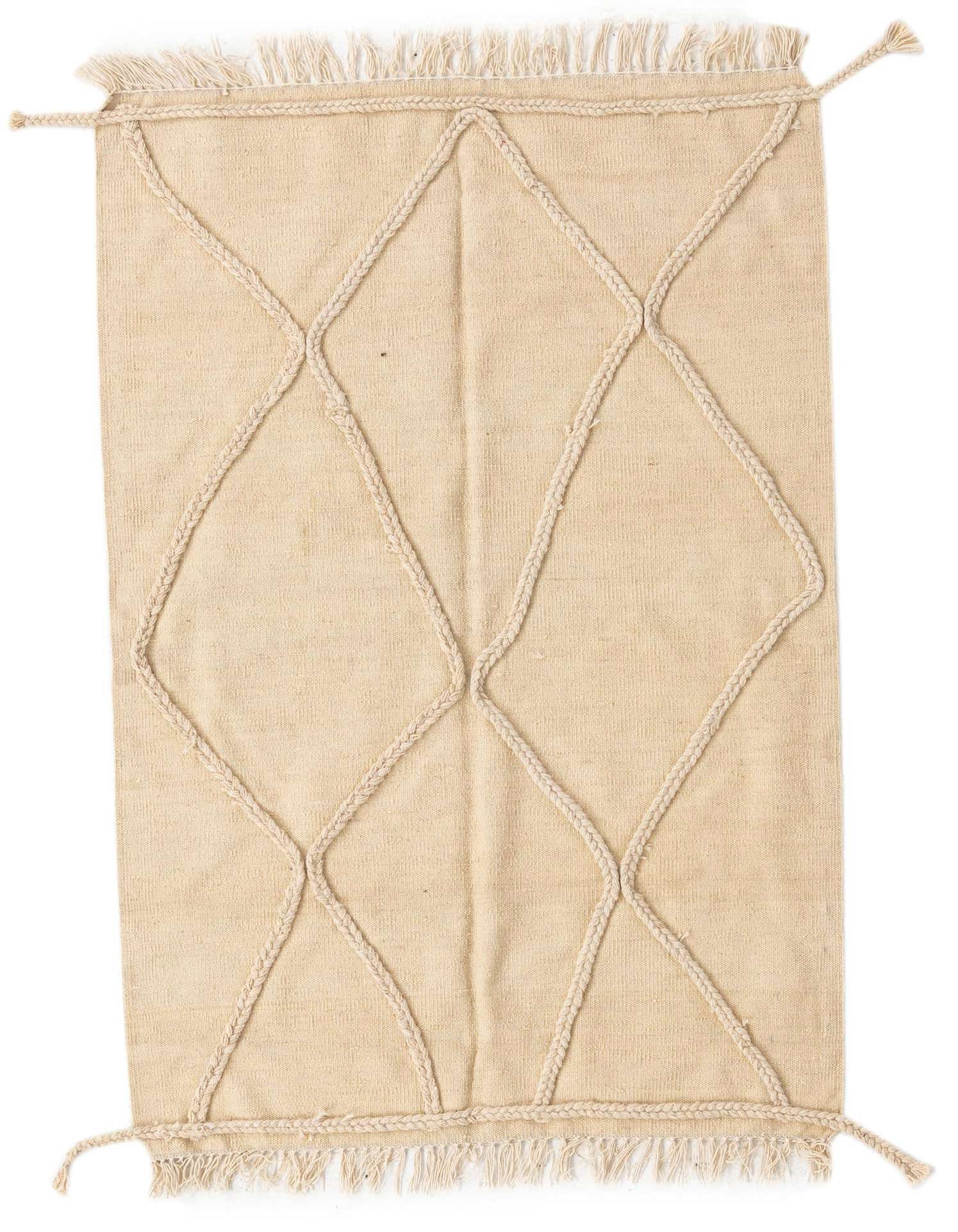 A 4x6 rectangular ivory wool rug with a raised braided diamond pattern and fringed ends, suitable for a living room.