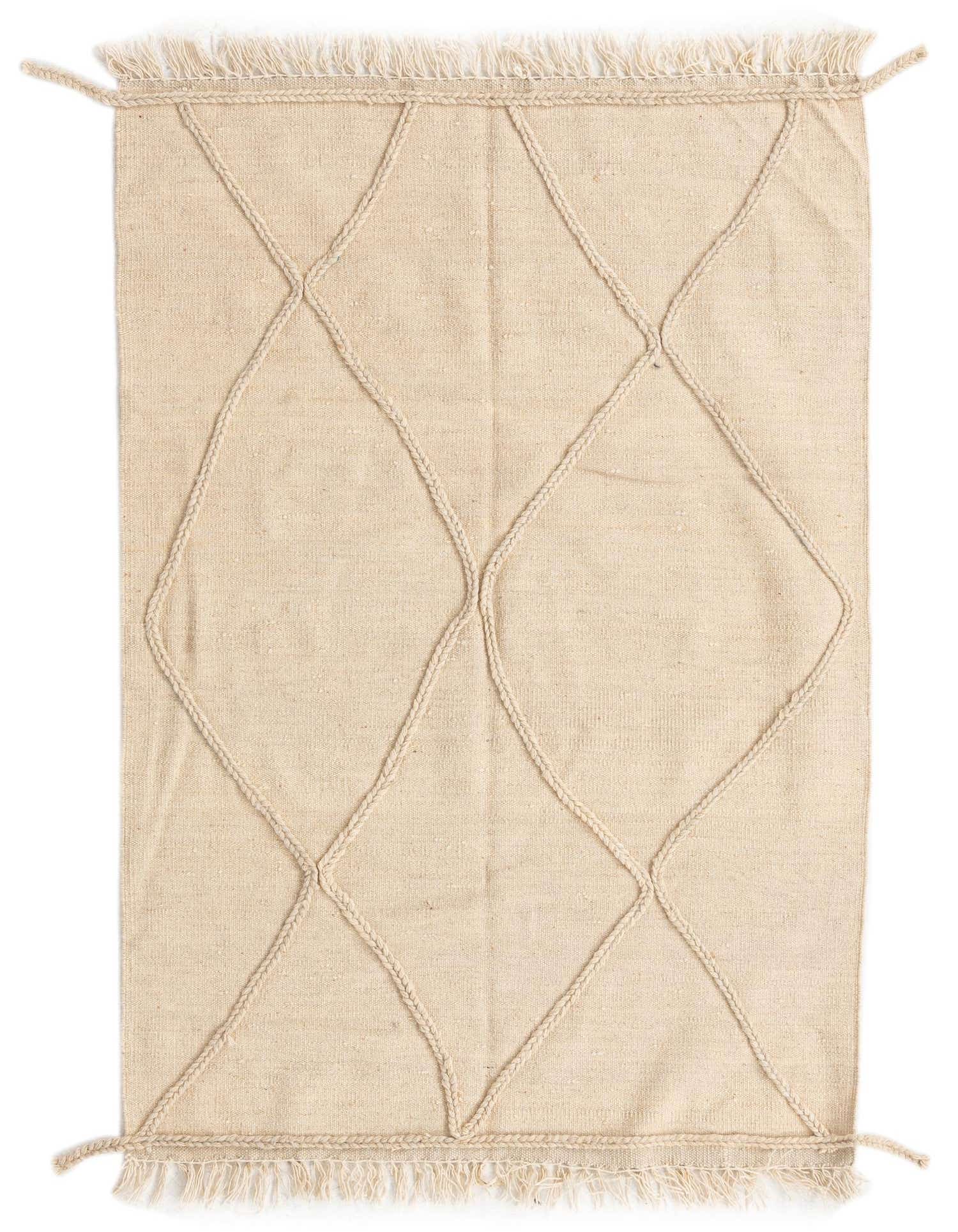 A 3x5 rectangular ivory wool shag rug with a braided diamond pattern and fringed edges.