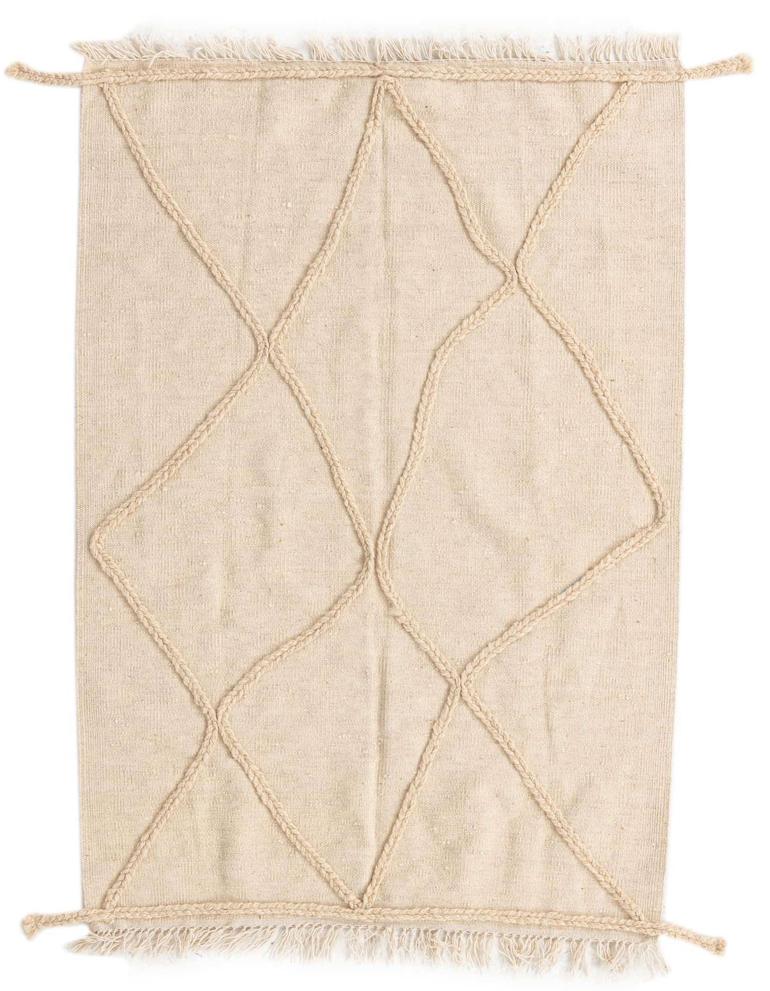 A 3x5 rectangular ivory wool shag rug with a raised braided diamond pattern and fringed edges.