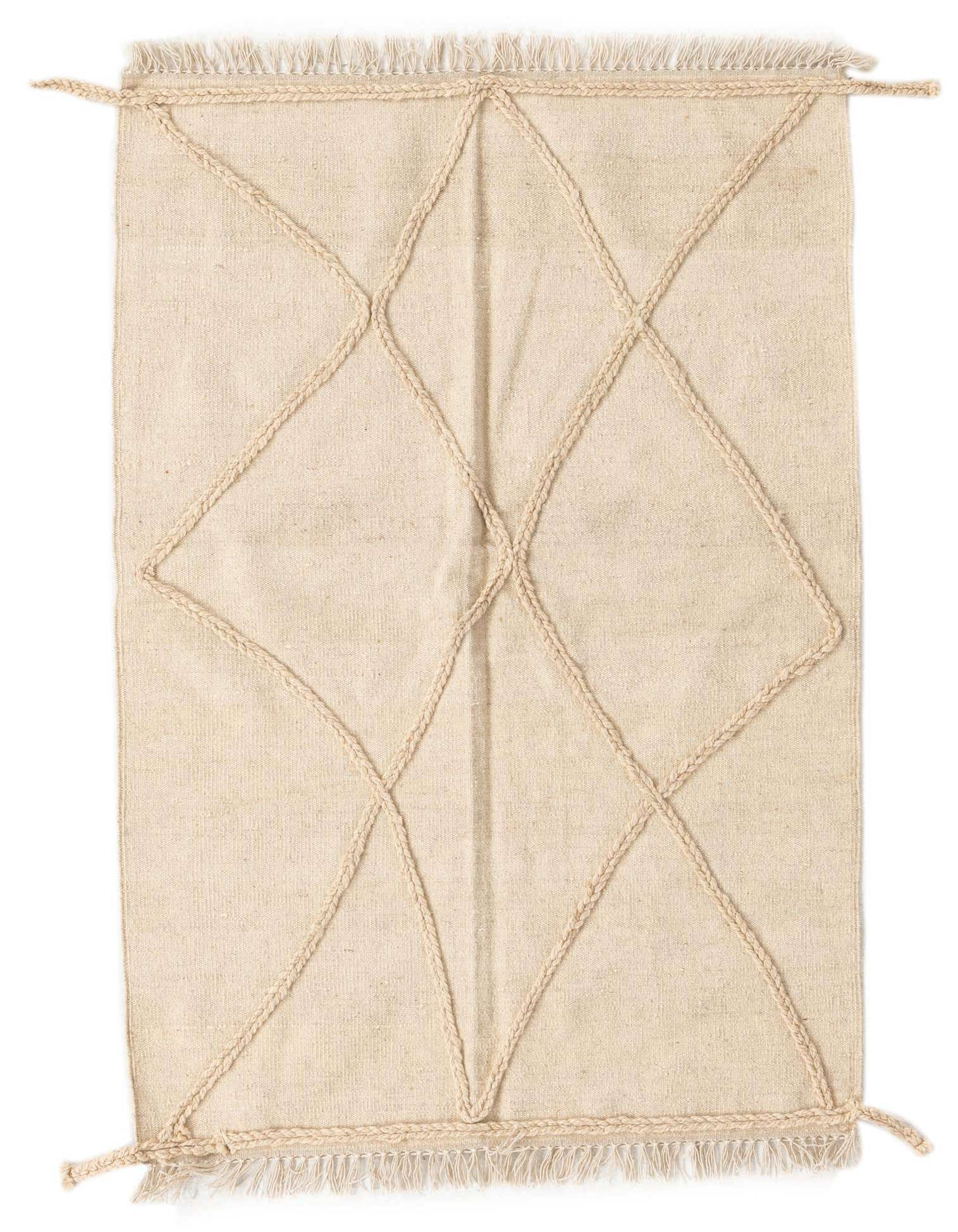 A 3x5 rectangular ivory wool shag rug with a raised braided diamond pattern and fringed ends.