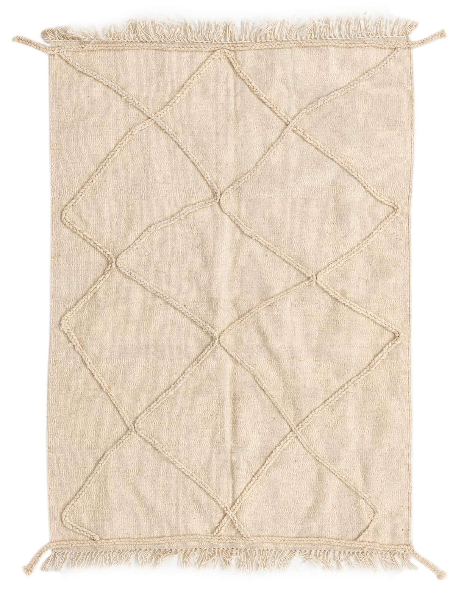 A 3x5 rectangular ivory wool shag rug with a raised braided diamond pattern and fringed edges.