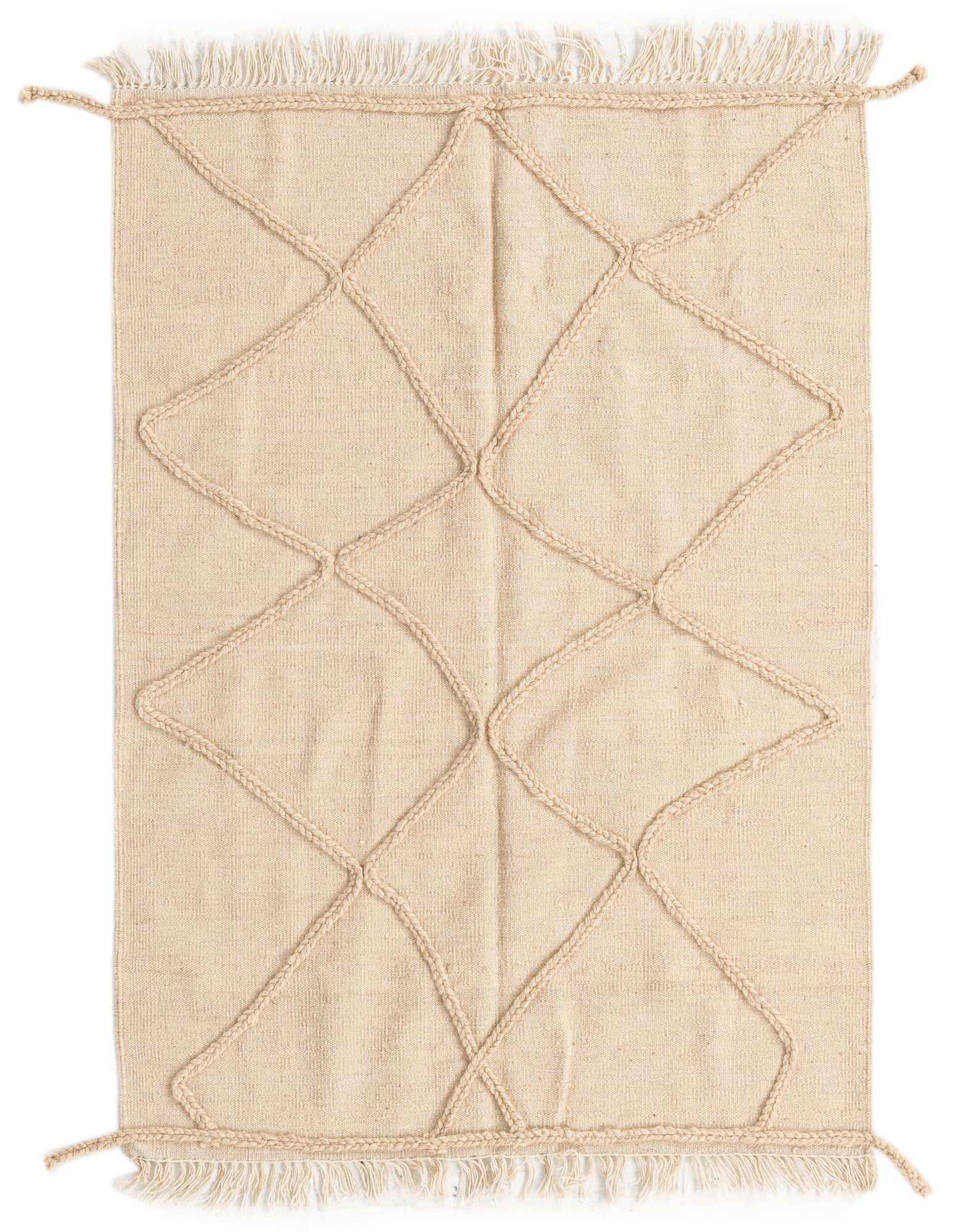 A 3x5 rectangular ivory wool rug with a raised braided diamond pattern and fringed edges, suitable for a living room or bedroom.