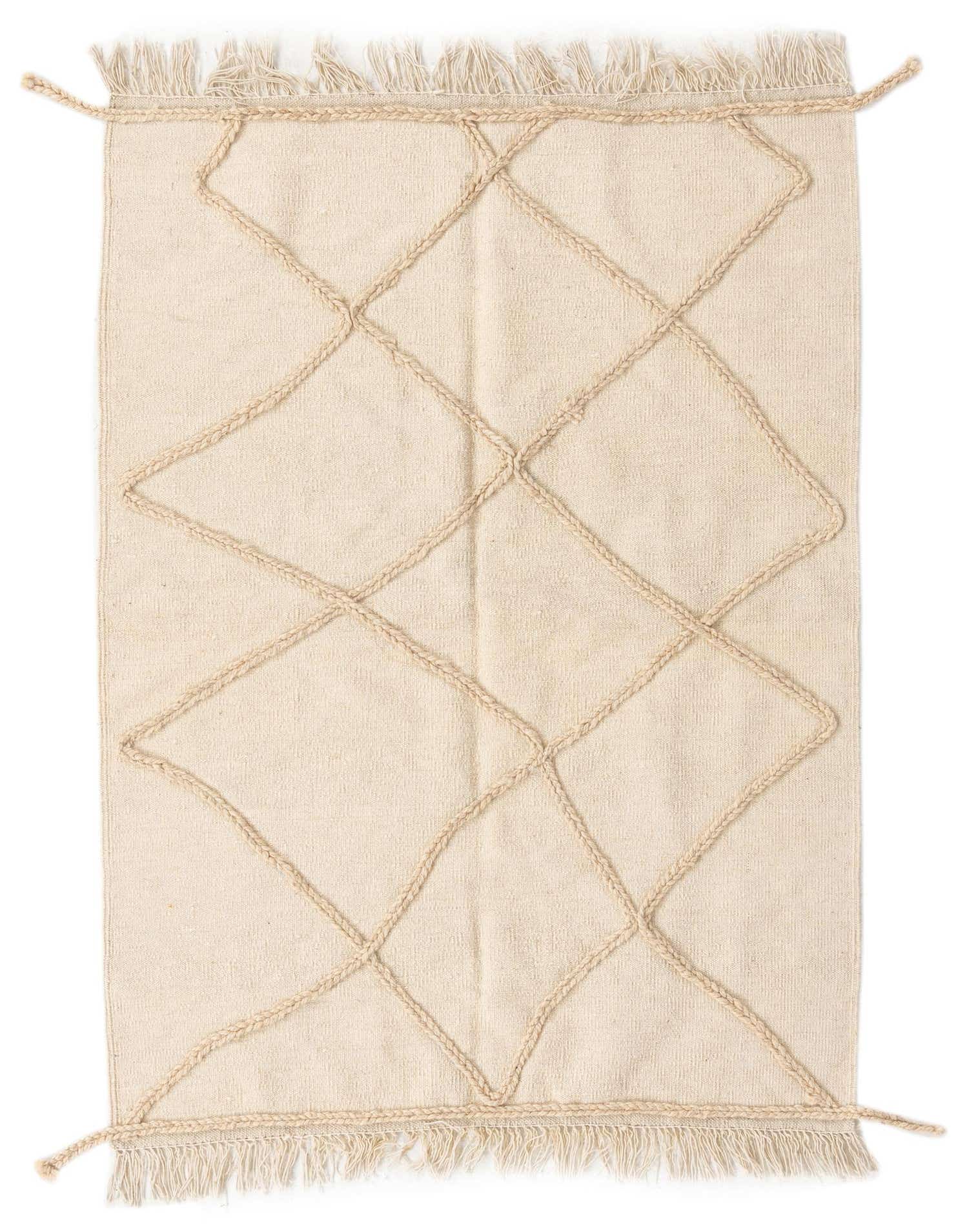 A 3x5 rectangular ivory wool shag rug with a raised braided diamond pattern and fringed ends.