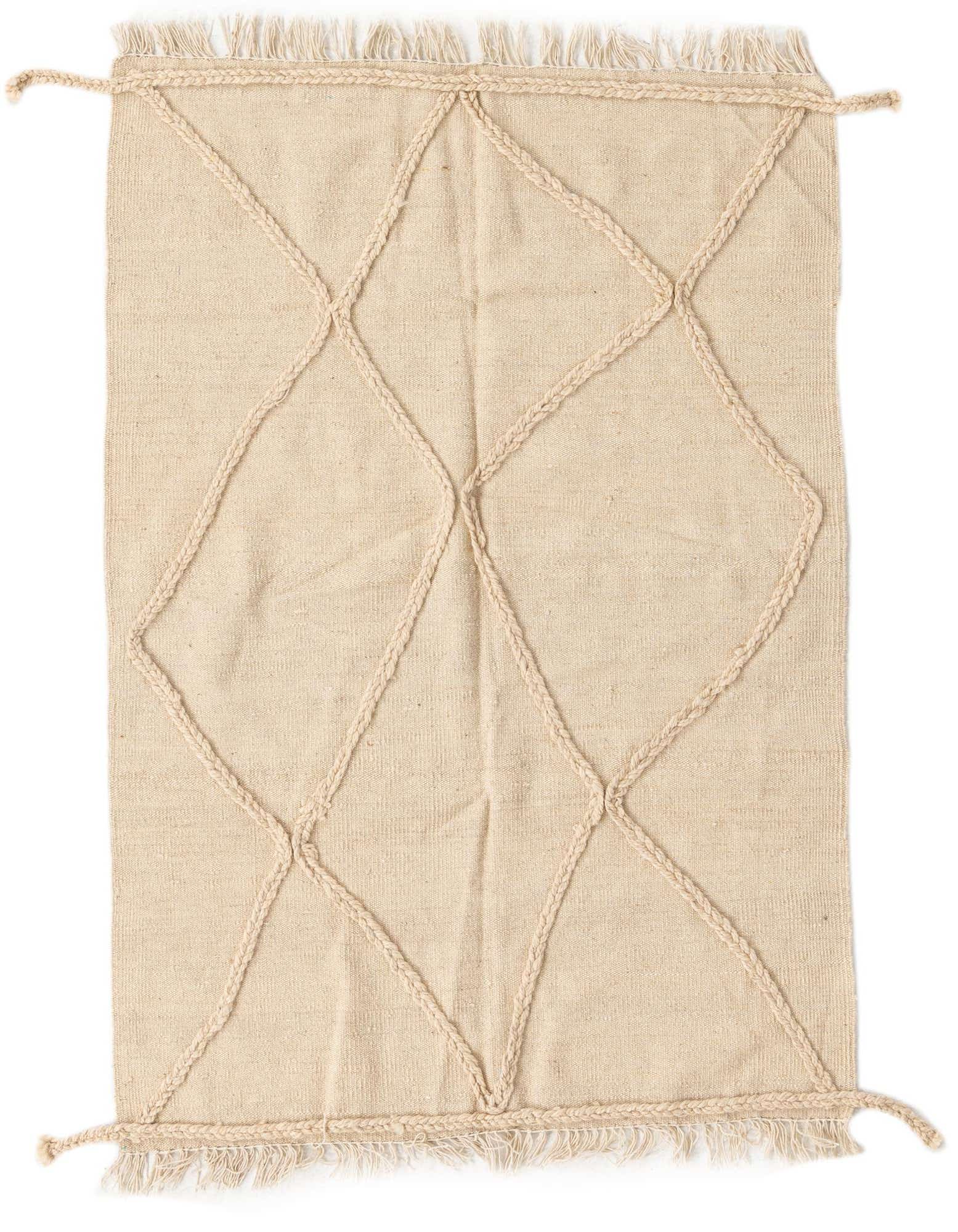 A 3x5 rectangular ivory wool shag rug with a raised braided diamond pattern and fringed edges.