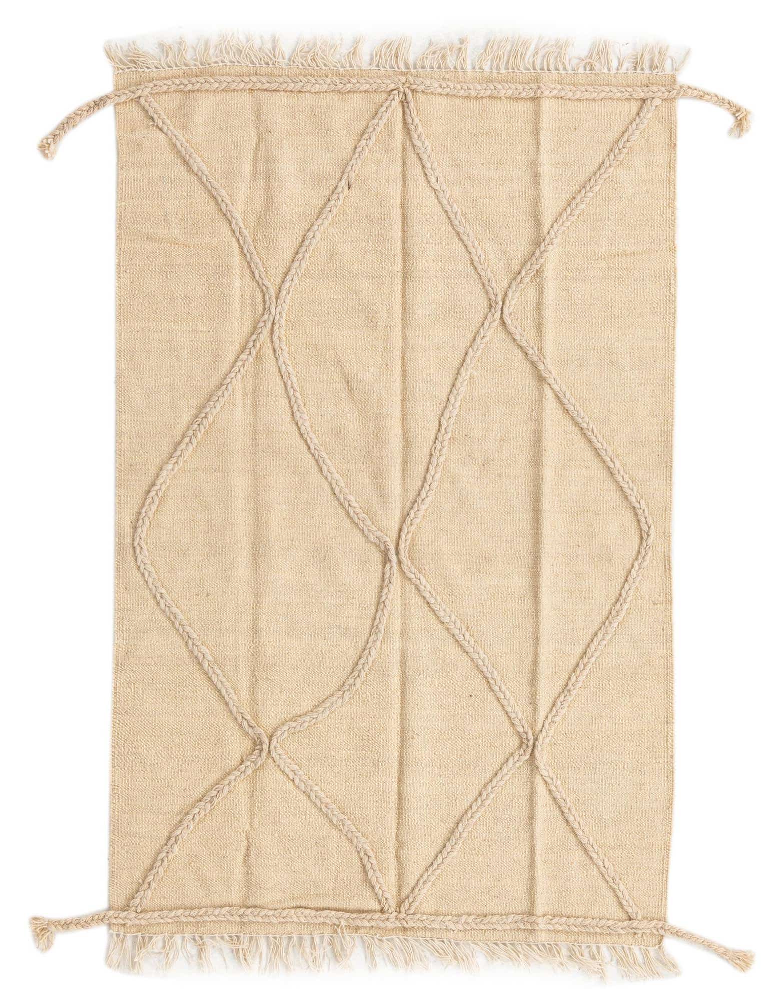 A 3x5 rectangular ivory wool shag rug with a braided diamond pattern and fringed ends, perfect for a modern living room.