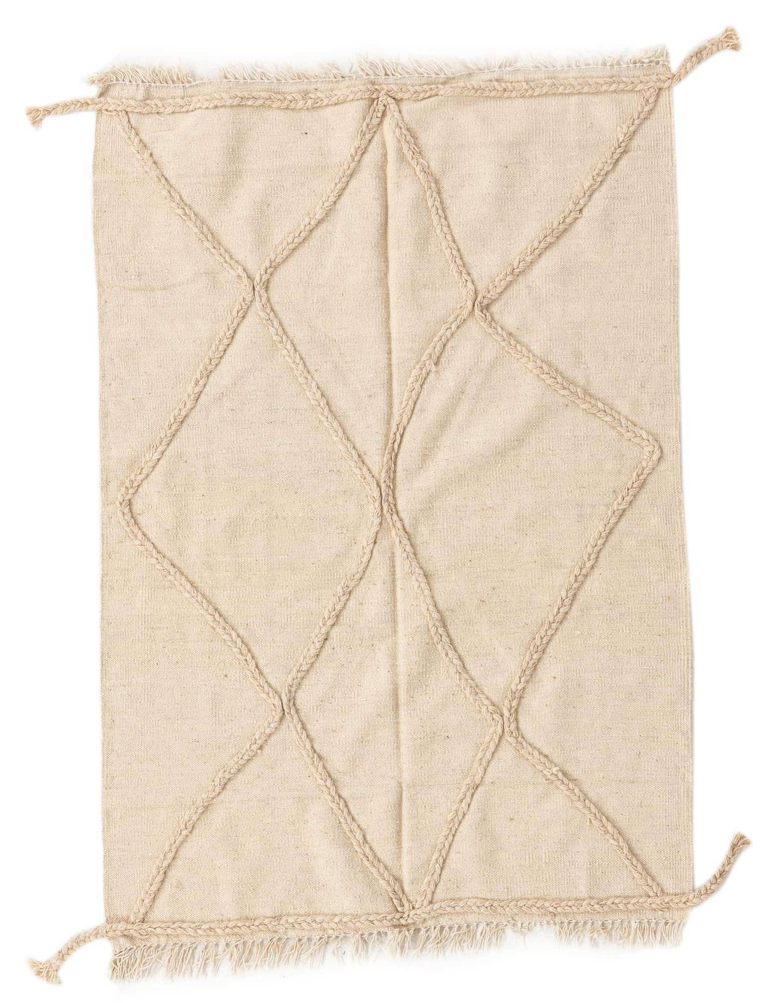 A 3x5 rectangular ivory wool shag rug with a braided diamond pattern and fringed edges.