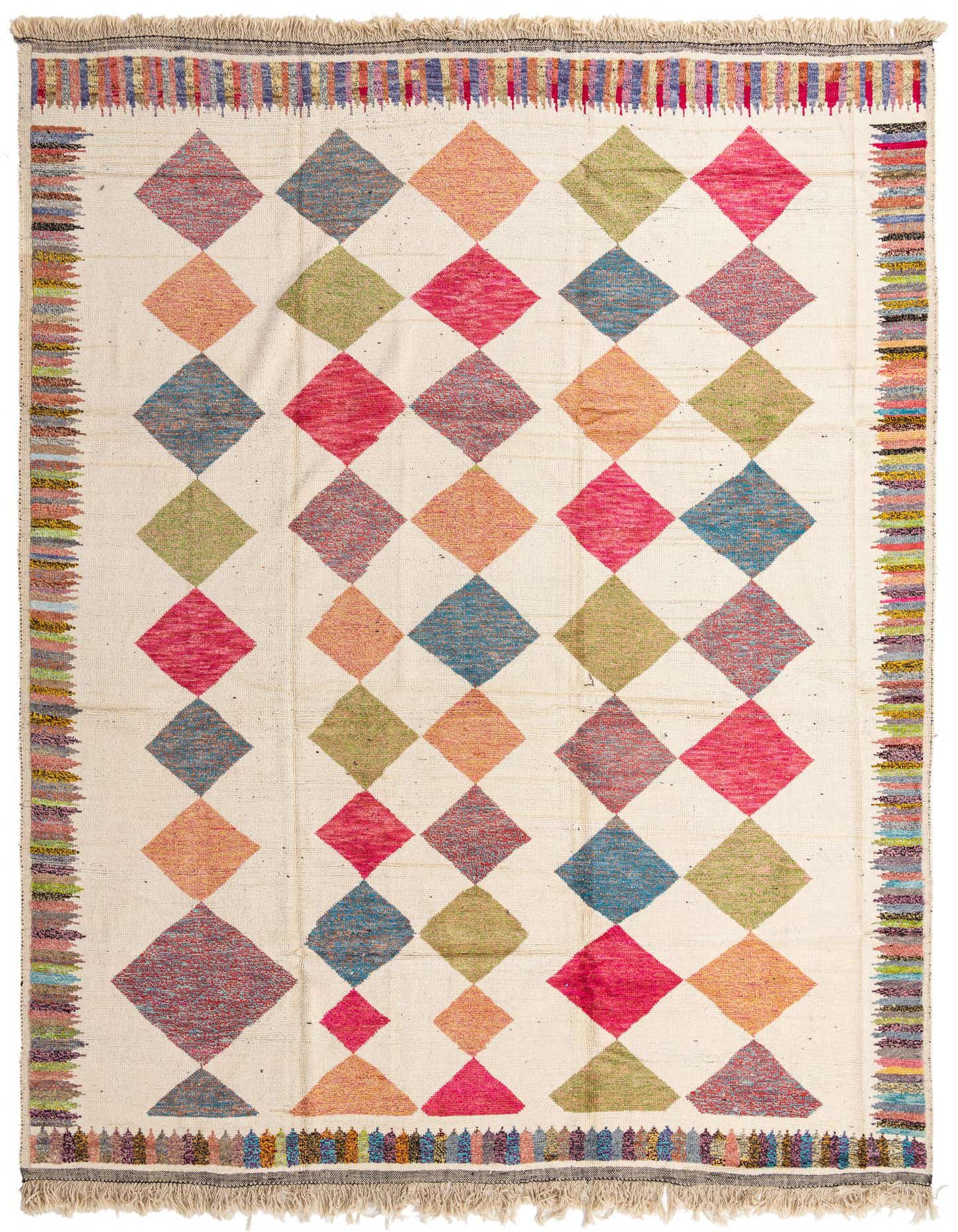 A large 12x15 rectangular ivory shag rug featuring colorful diamond patterns in pink, blue, orange, and green, with striped borders and fringe.