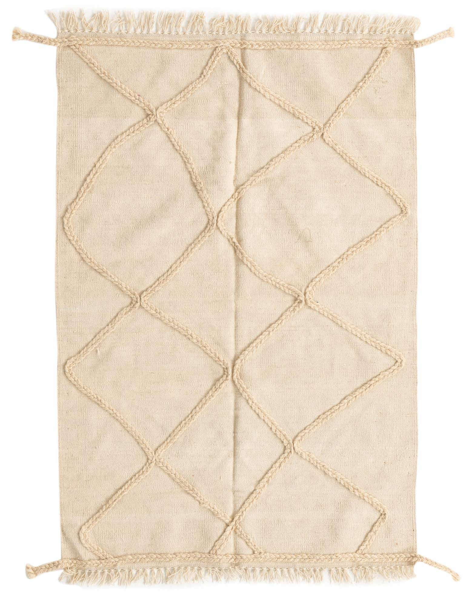 A 3x5 rectangular ivory wool shag rug with a braided diamond pattern and fringed edges, suitable for indoor use.