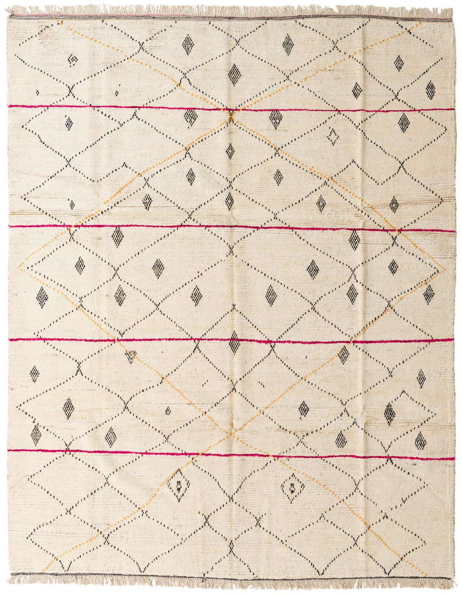 A 9x12 rectangular ivory shag rug with a modern tribal pattern of black dotted diamonds, yellow lines, and bold pink horizontal stripes.