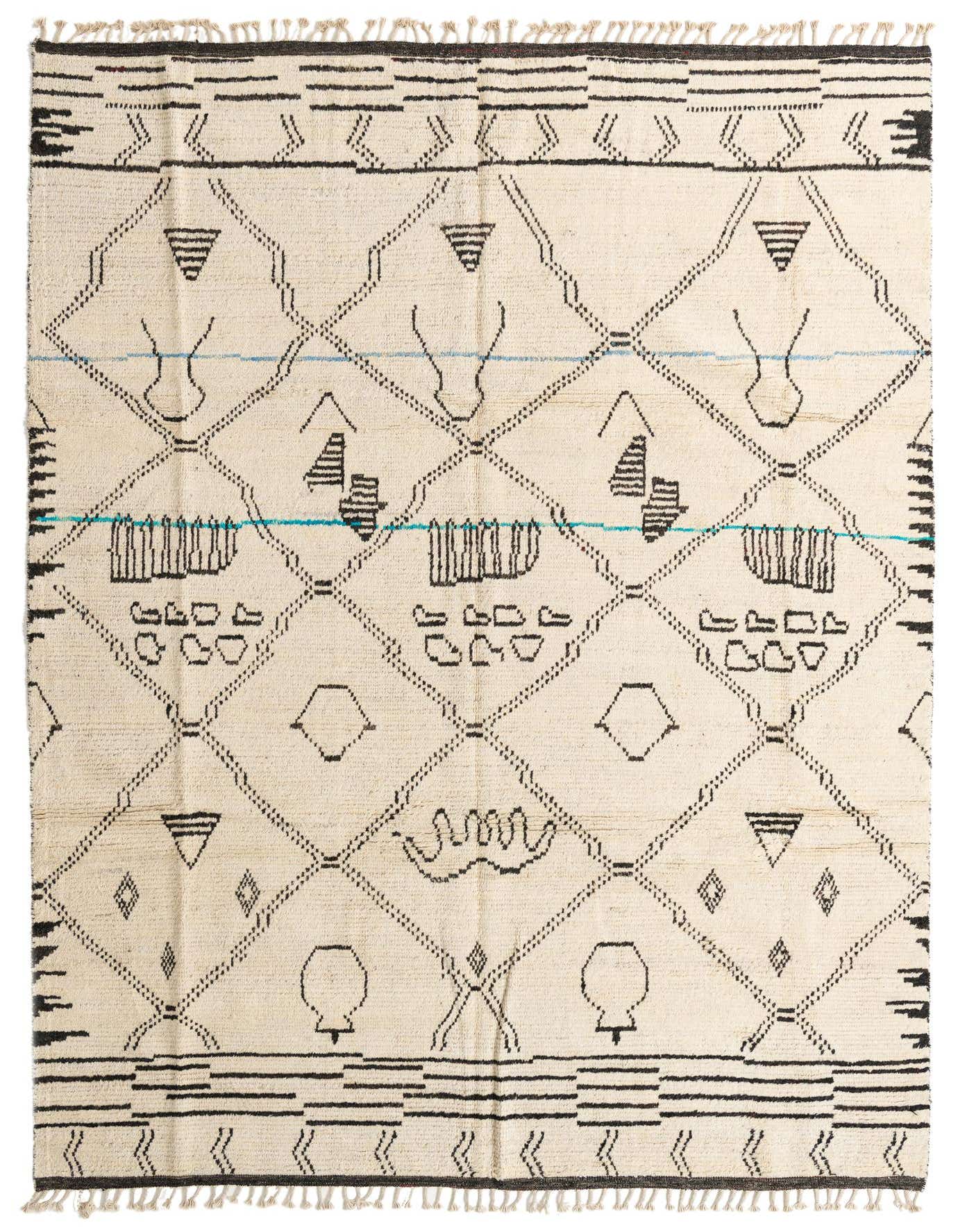 An 8x11 rectangular ivory wool shag rug with a modern tribal pattern featuring black geometric lines and abstract shapes.