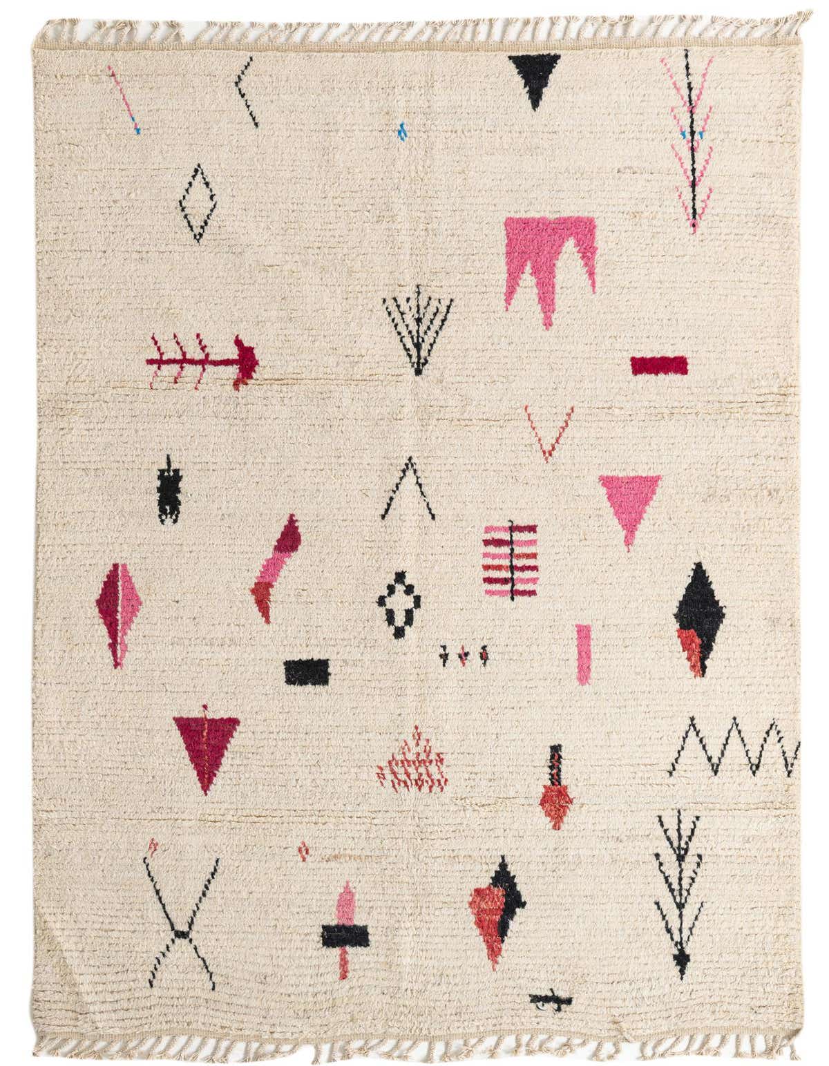A 6x9 rectangular ivory shag rug with a modern tribal pattern in black, pink, and red abstract shapes.