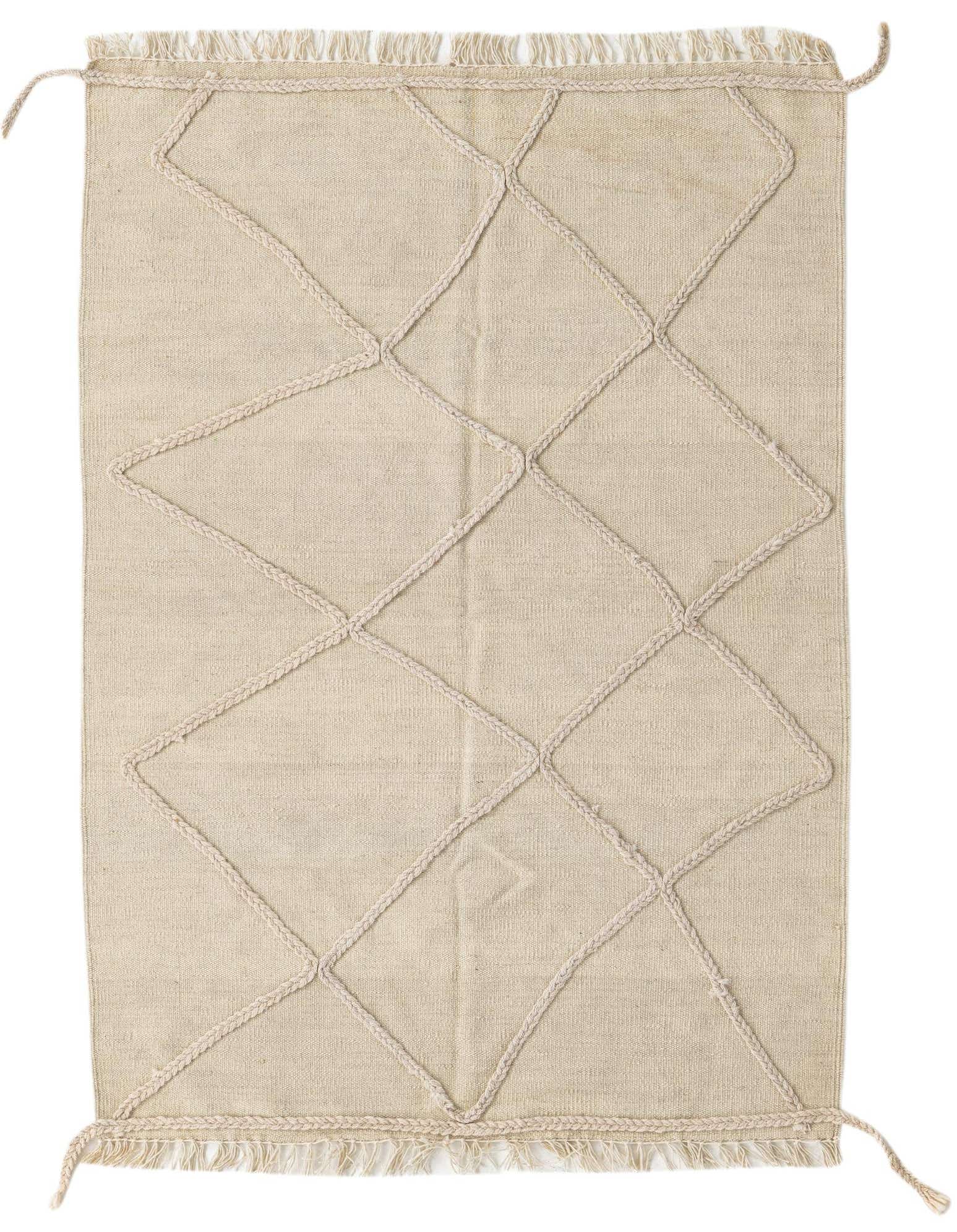 A 3x5 rectangular ivory wool shag rug with a raised braided diamond pattern and fringed edges.
