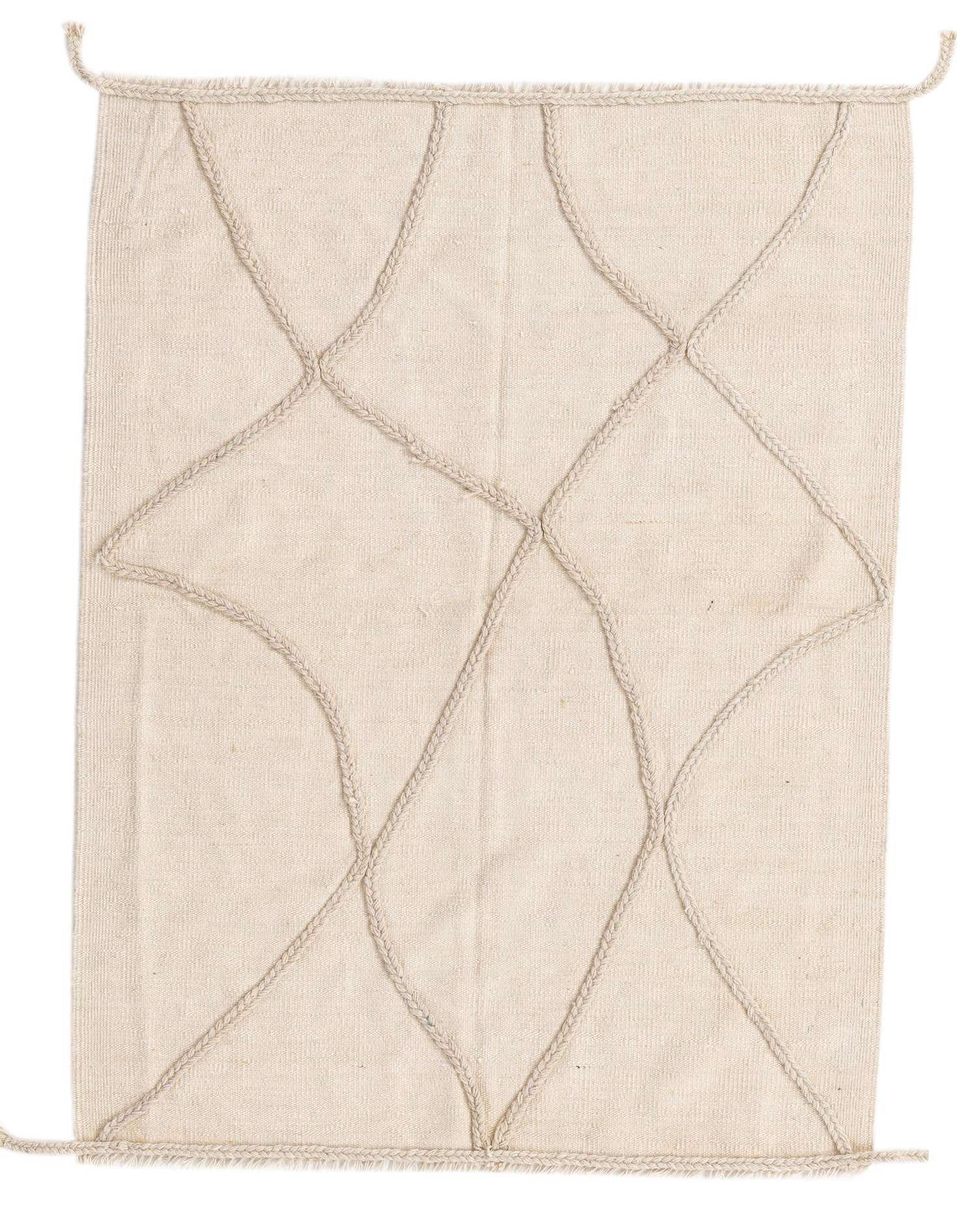 A 3x5 rectangular ivory wool shag rug with a modern tribal diamond pattern formed by raised braided lines.