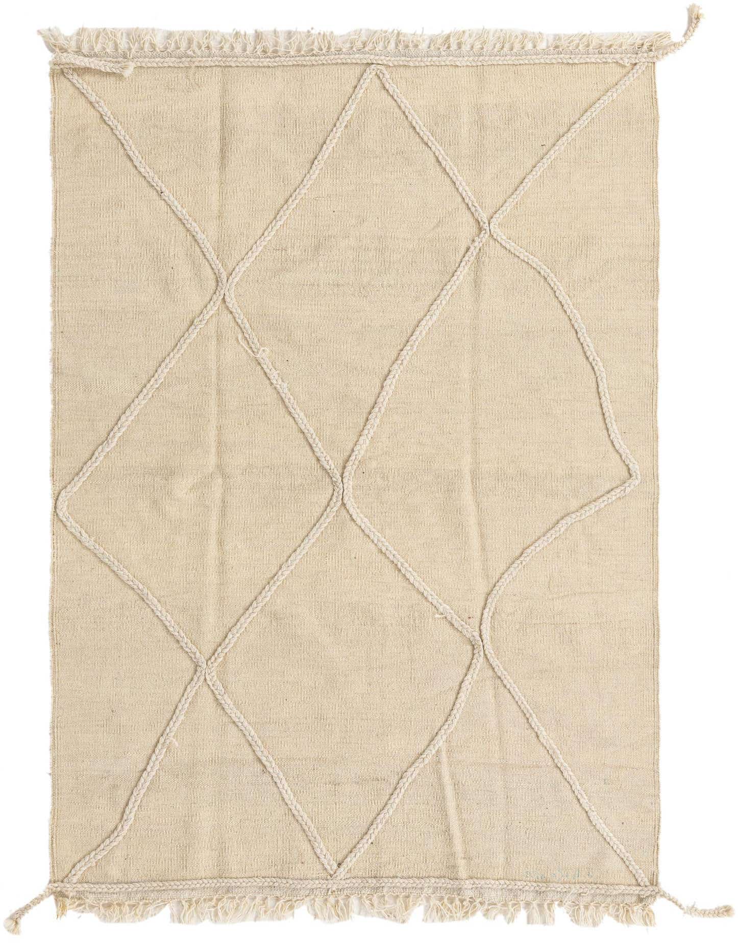 A 3x5 rectangular ivory wool shag rug with a modern tribal diamond pattern, featuring braided details and fringed edges.