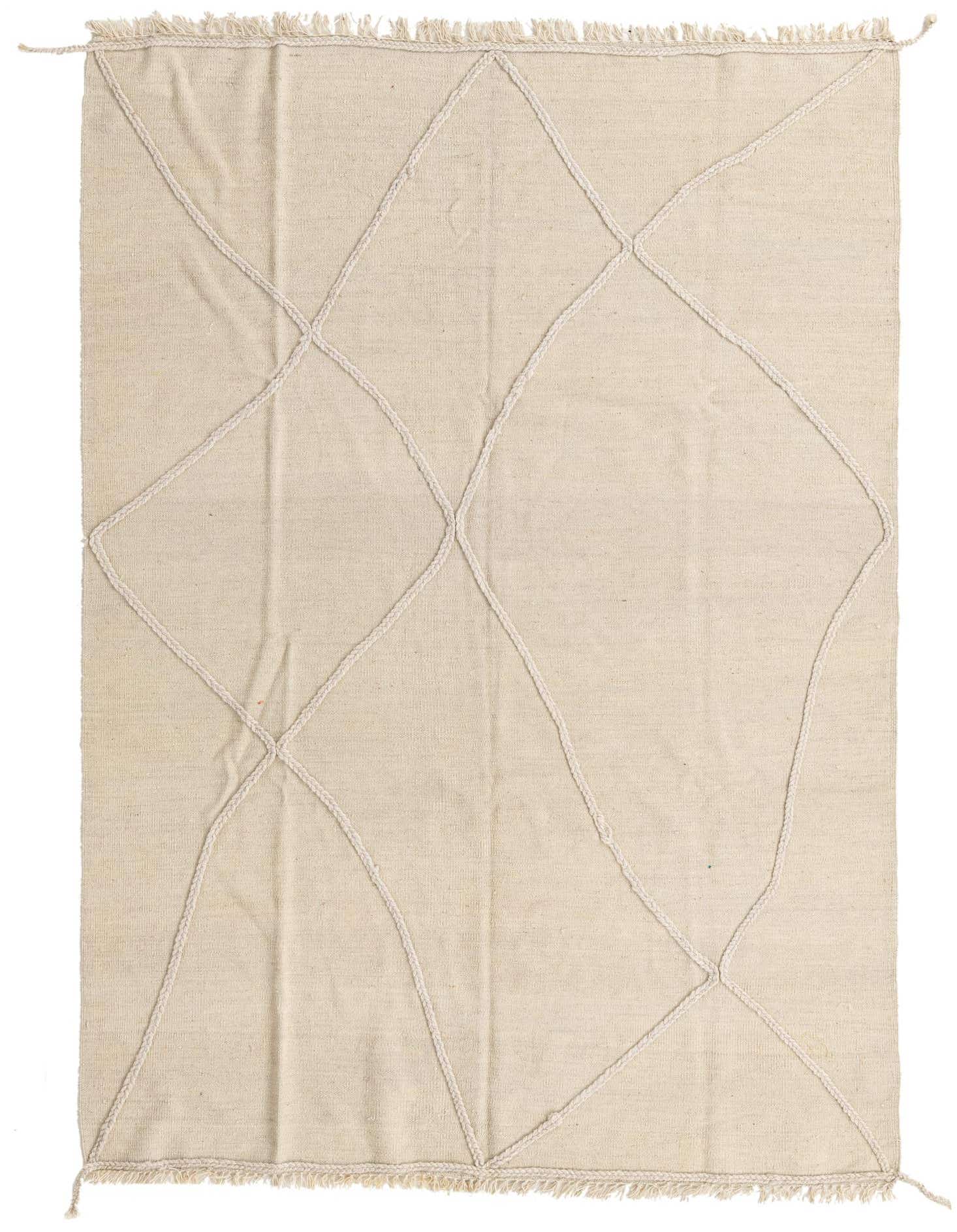 A 5x8 rectangular ivory wool shag rug featuring a modern tribal diamond pattern formed by raised textured lines.