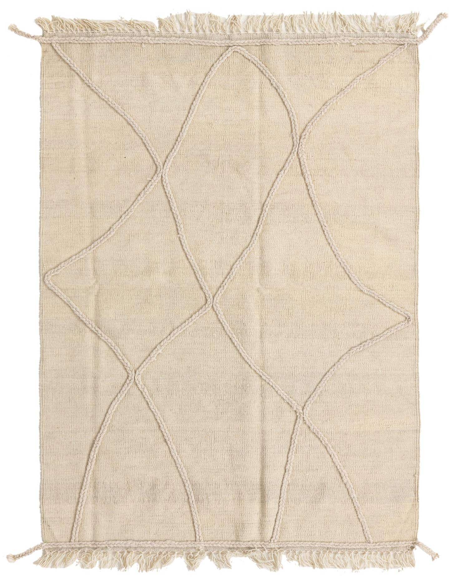 A 3x5 rectangular ivory wool shag rug with a raised braided tribal diamond pattern and fringed ends.