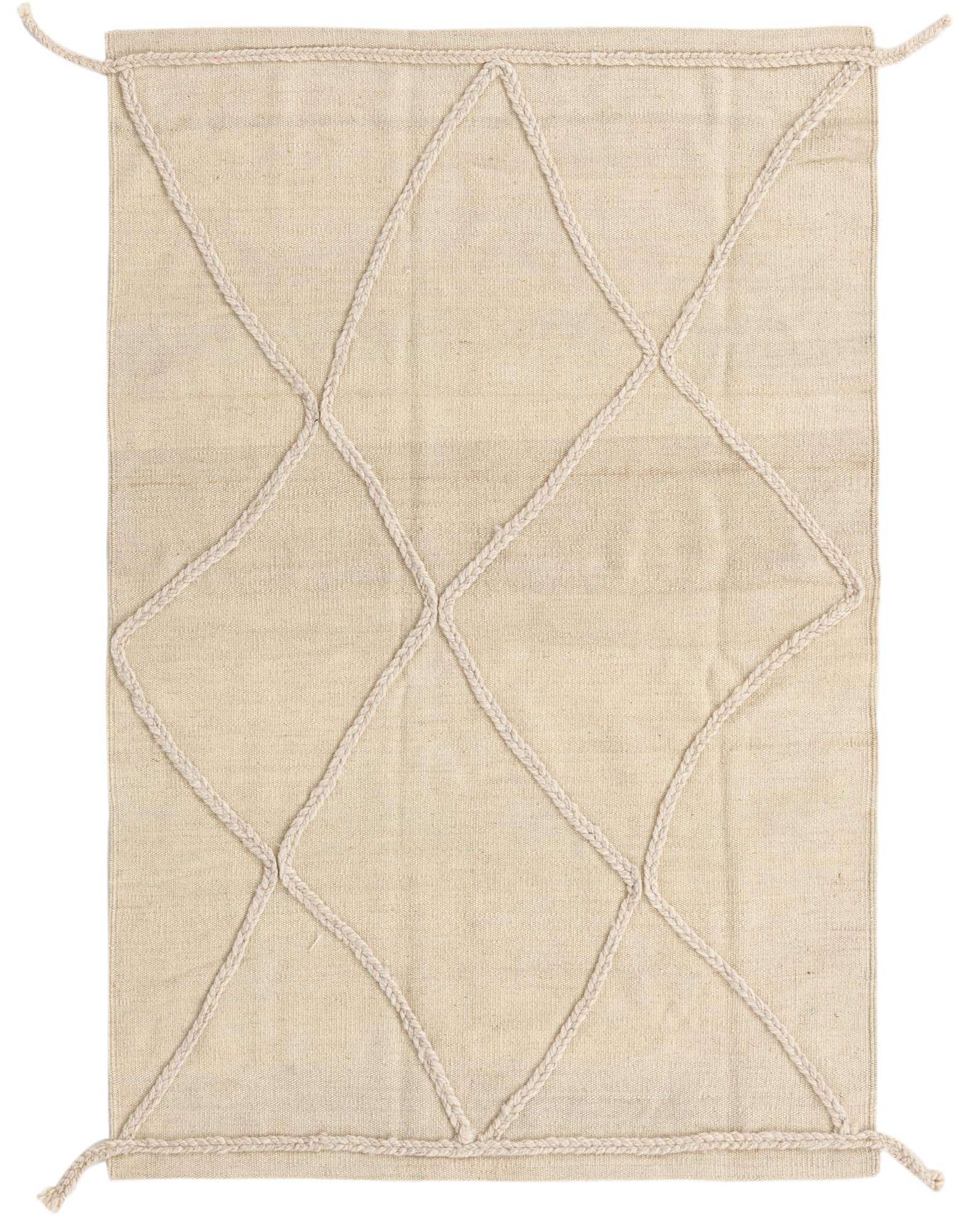 A 3x5 rectangular ivory wool shag rug with a raised braided diamond pattern, suitable for various indoor spaces.