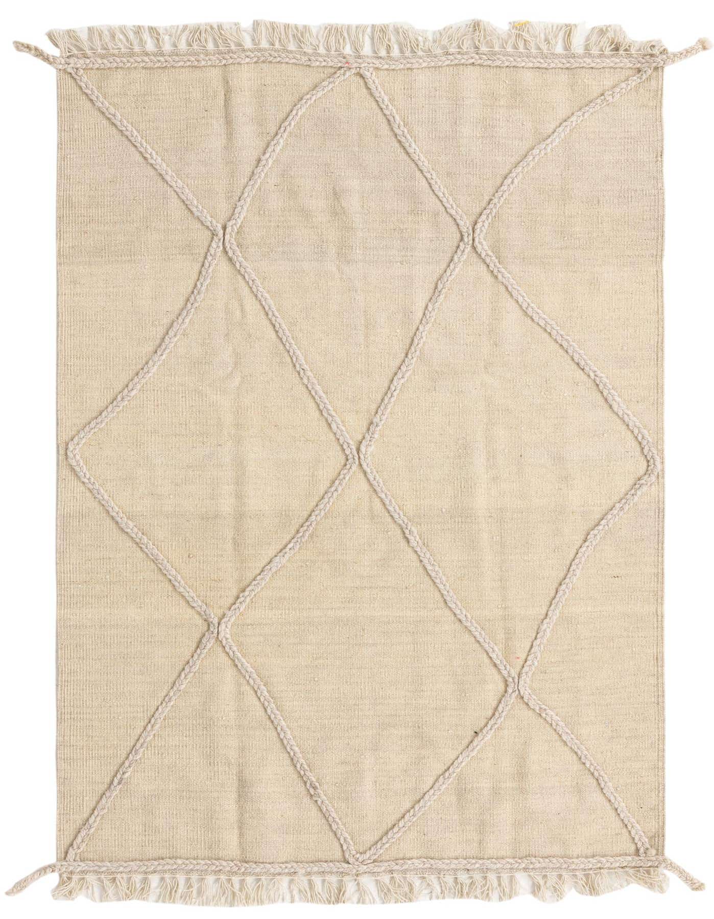 A 3x5 rectangular ivory wool rug with a raised braided diamond pattern and fringed edges, perfect for an indoor living space.