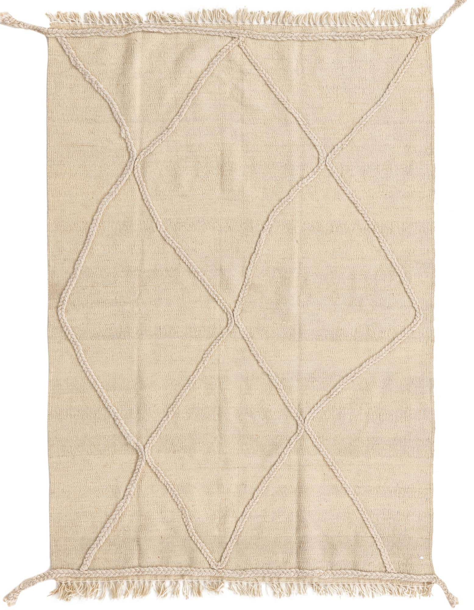 A 3x5 rectangular ivory wool rug with a modern tribal diamond pattern made from raised braided shag lines and fringed edges.