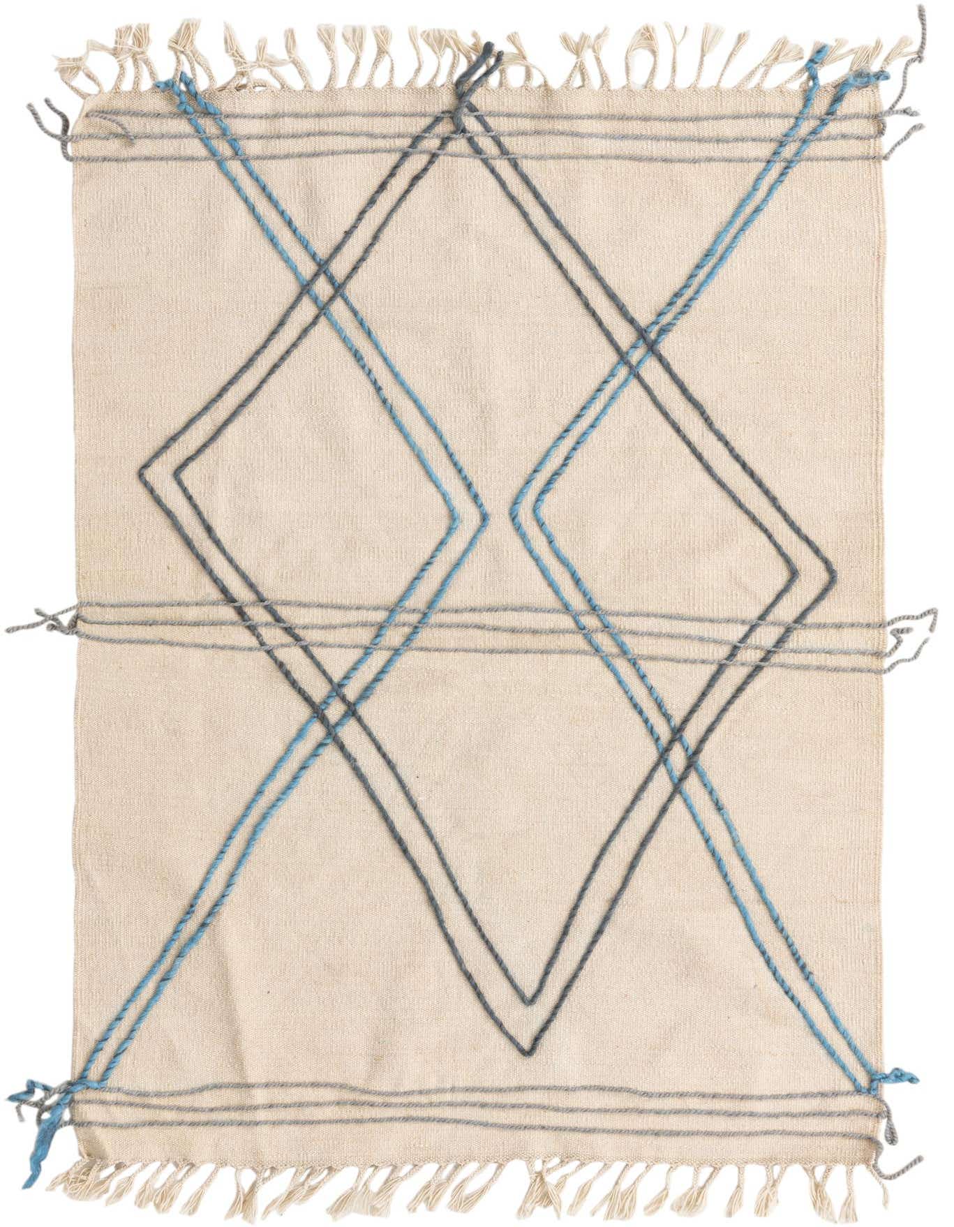 A 3x5 rectangular ivory shag rug with a modern tribal pattern of intersecting blue and gray lines, finished with tassels.