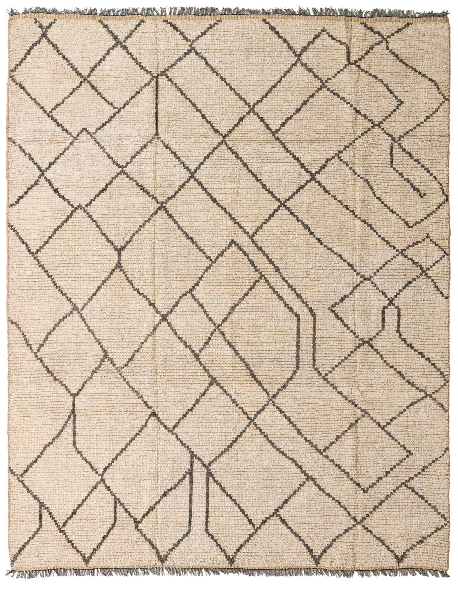 An 8x10 rectangular ivory shag rug with a modern tribal abstract pattern in dark gray lines, suitable for a living room.