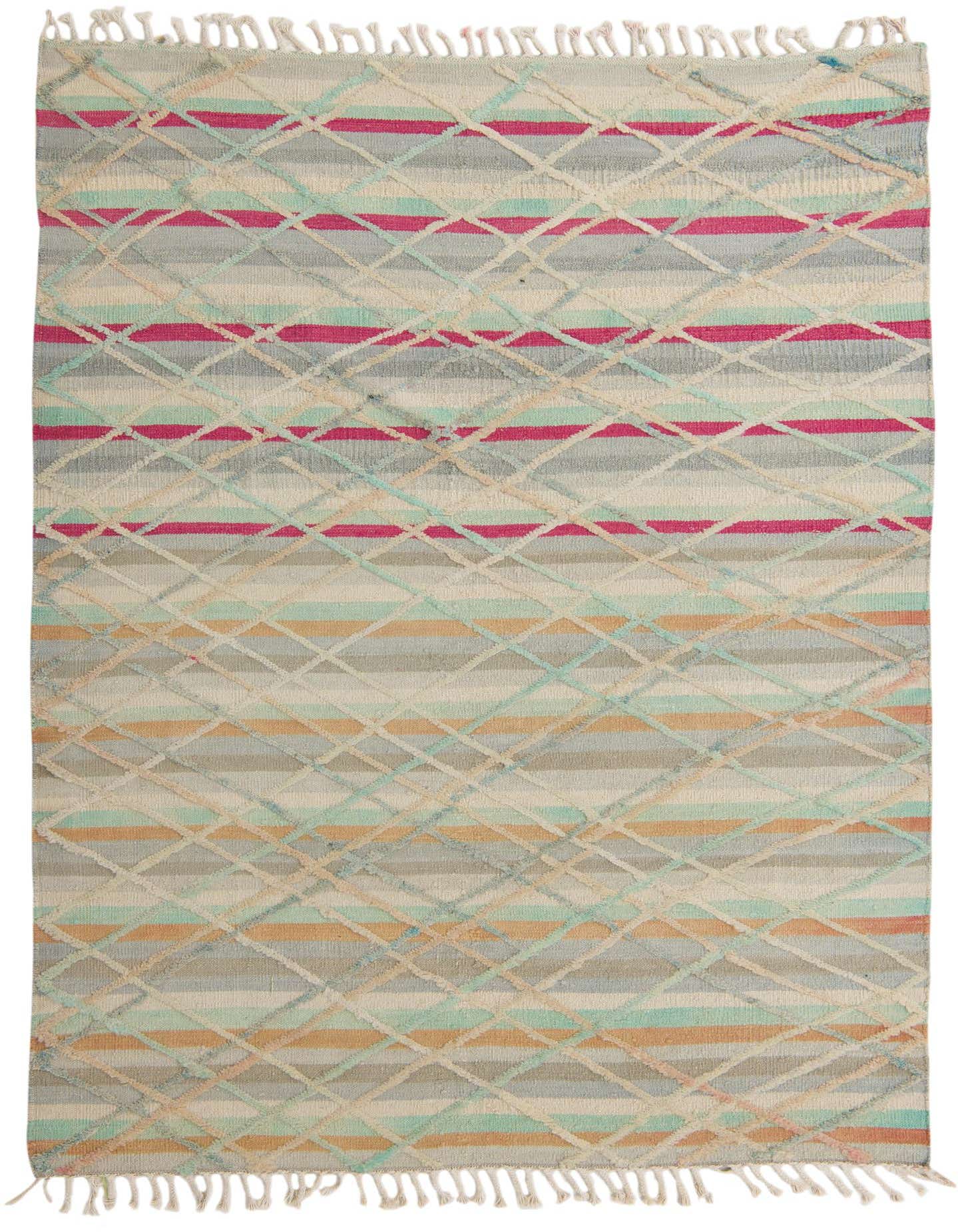 A 5x8 rectangular ivory wool shag rug with a modern tribal pattern of colorful stripes and diamonds.