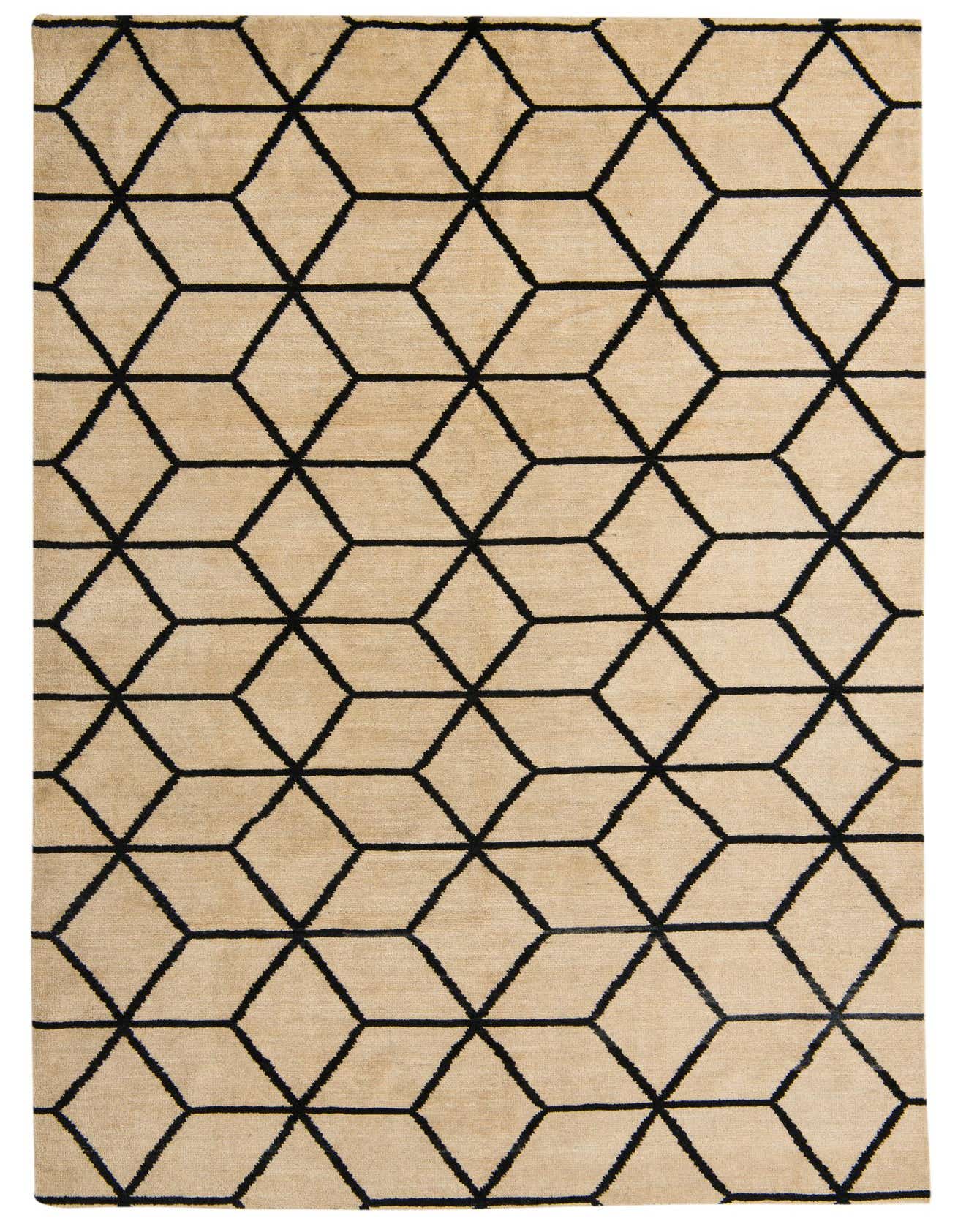 A 7x10 rectangular ivory wool shag rug featuring a bold black geometric cube pattern, perfect for a modern living room.