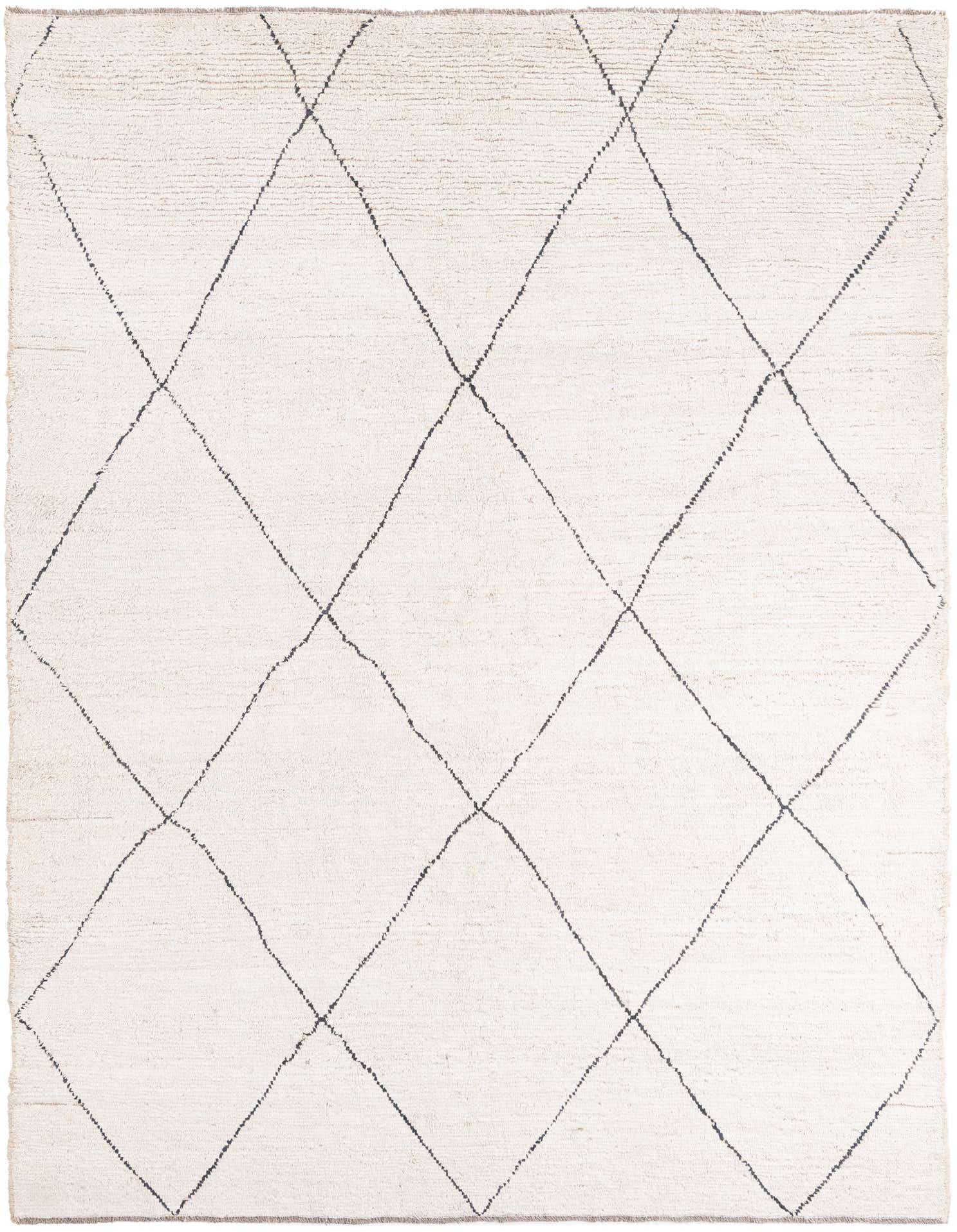 A 6x9 rectangular ivory shag rug with a modern tribal diamond pattern in black, ideal for a living room.