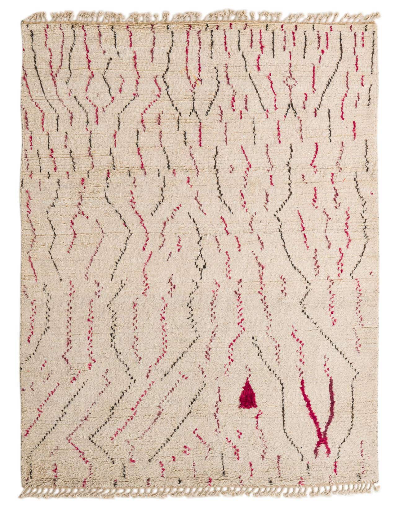 A 6x9 rectangular ivory shag rug with abstract tribal patterns in thin black and fuchsia lines, featuring short fringe.
