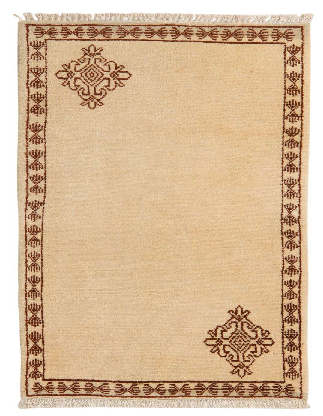 A 3x5 rectangular ivory wool shag rug with a brown tribal border and two central medallion patterns.