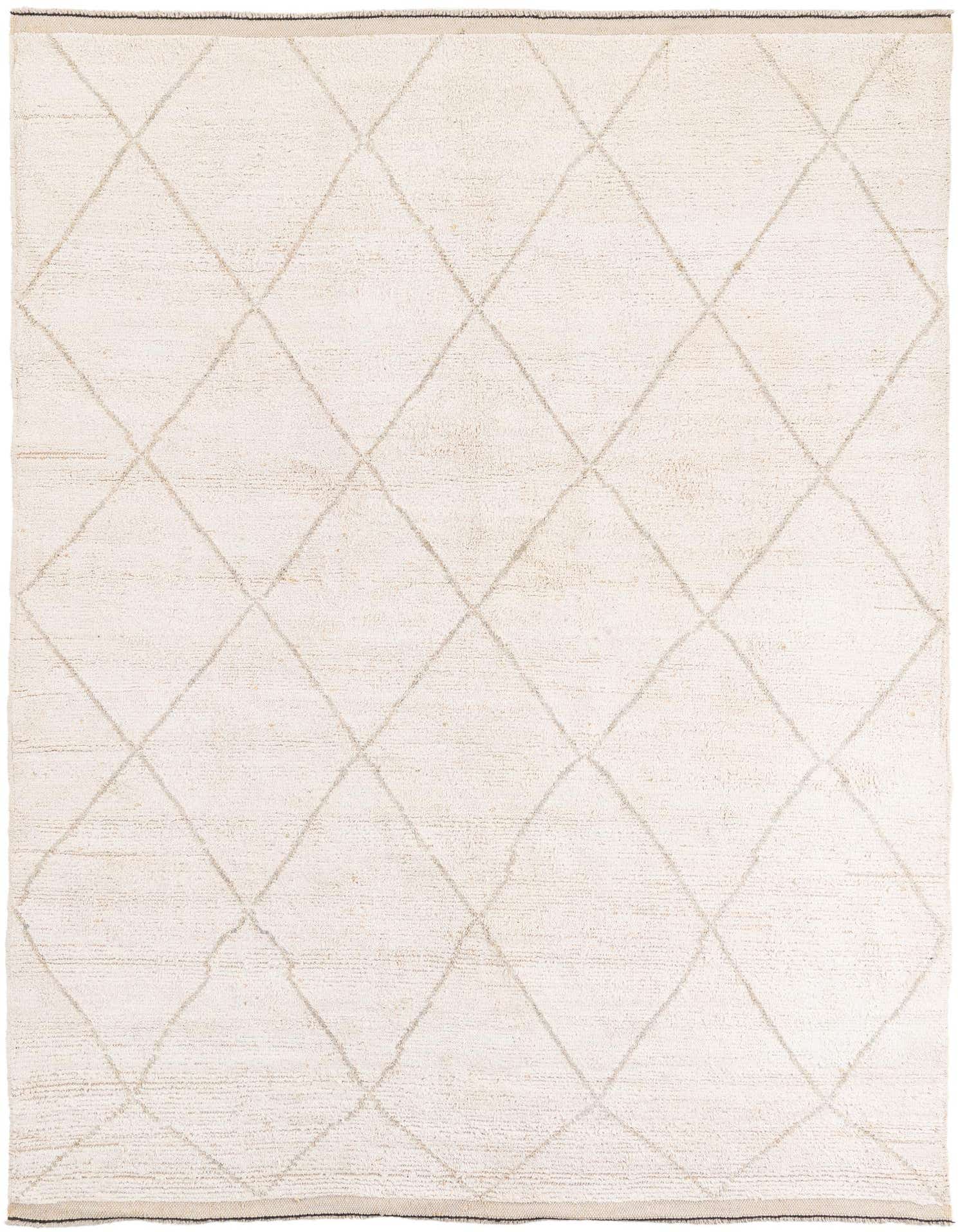 A 6x9 rectangular ivory shag rug with a subtle cream tribal diamond pattern, ideal for a living room.