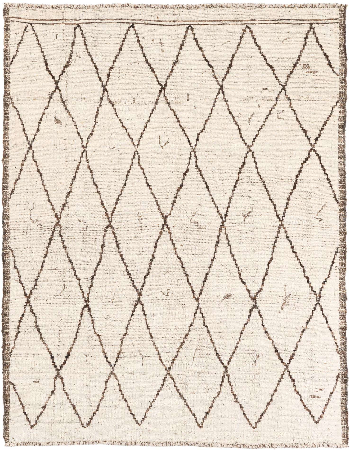 A 5x8 rectangular ivory shag rug with a brown tribal diamond pattern, ideal for a living room.