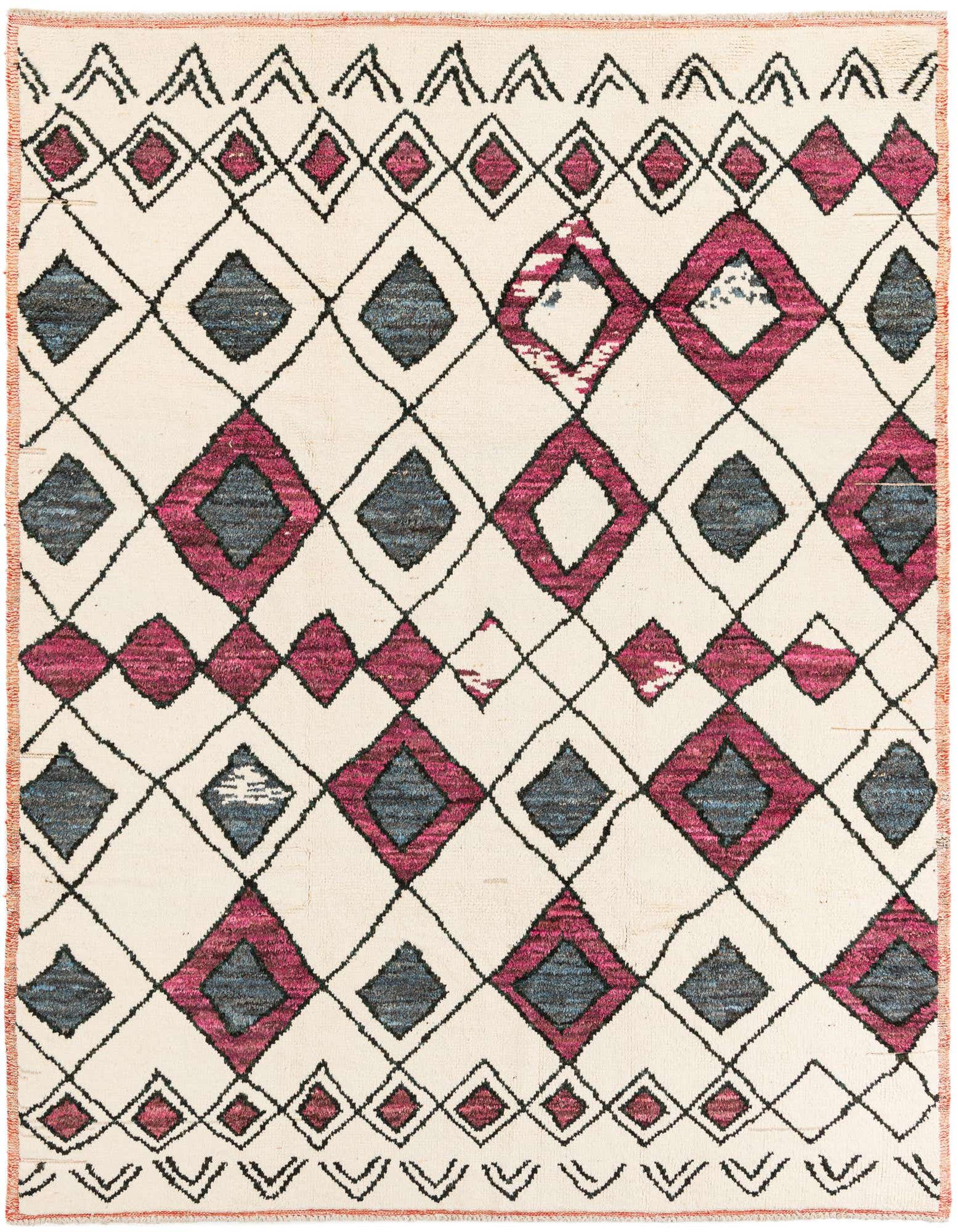 An 8x10 rectangular ivory shag rug with a modern tribal pattern of black, blue, and magenta diamonds, ideal for a living room.