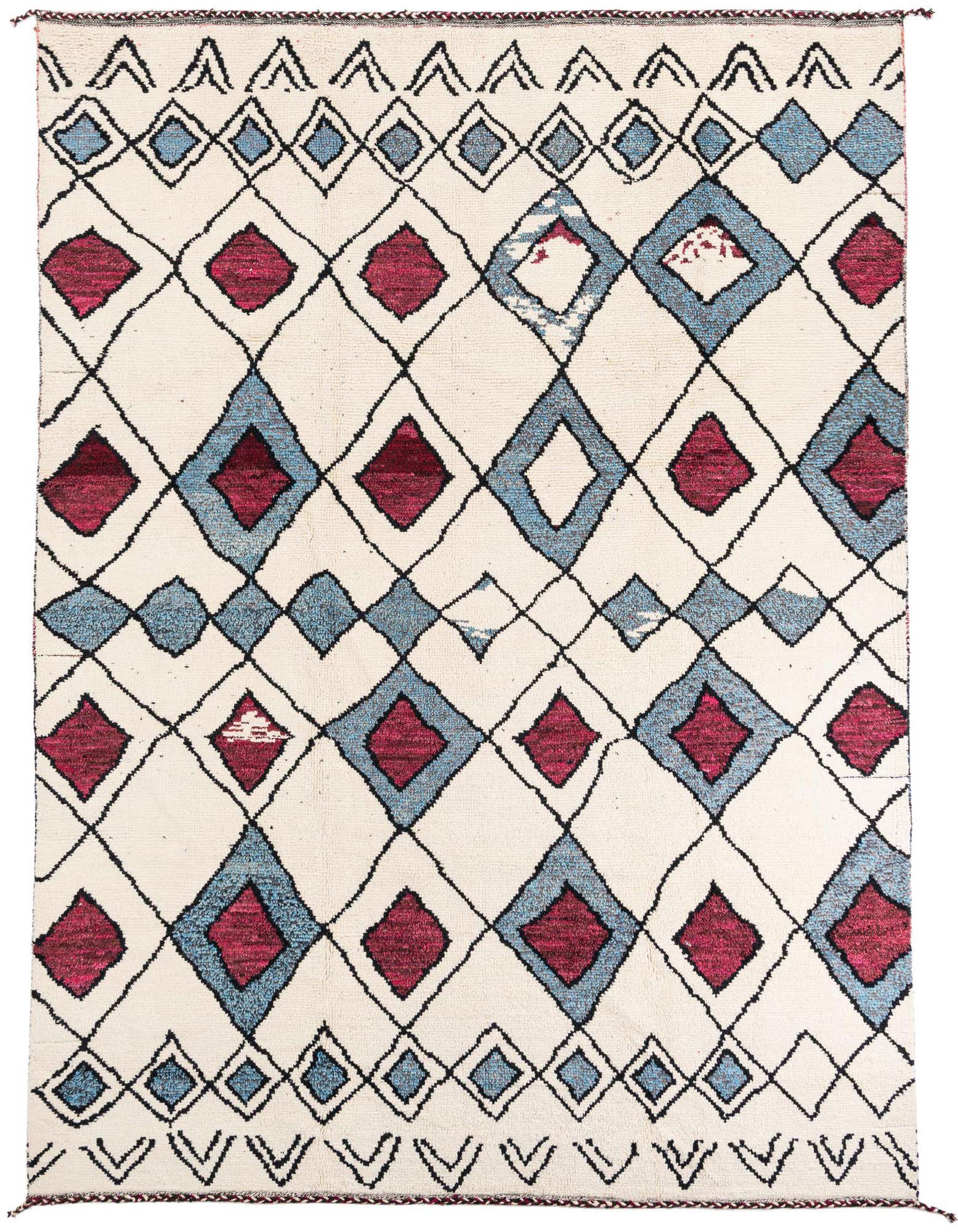 A 9x12 rectangular ivory shag rug featuring a tribal pattern of large blue and red diamonds with black outlines.