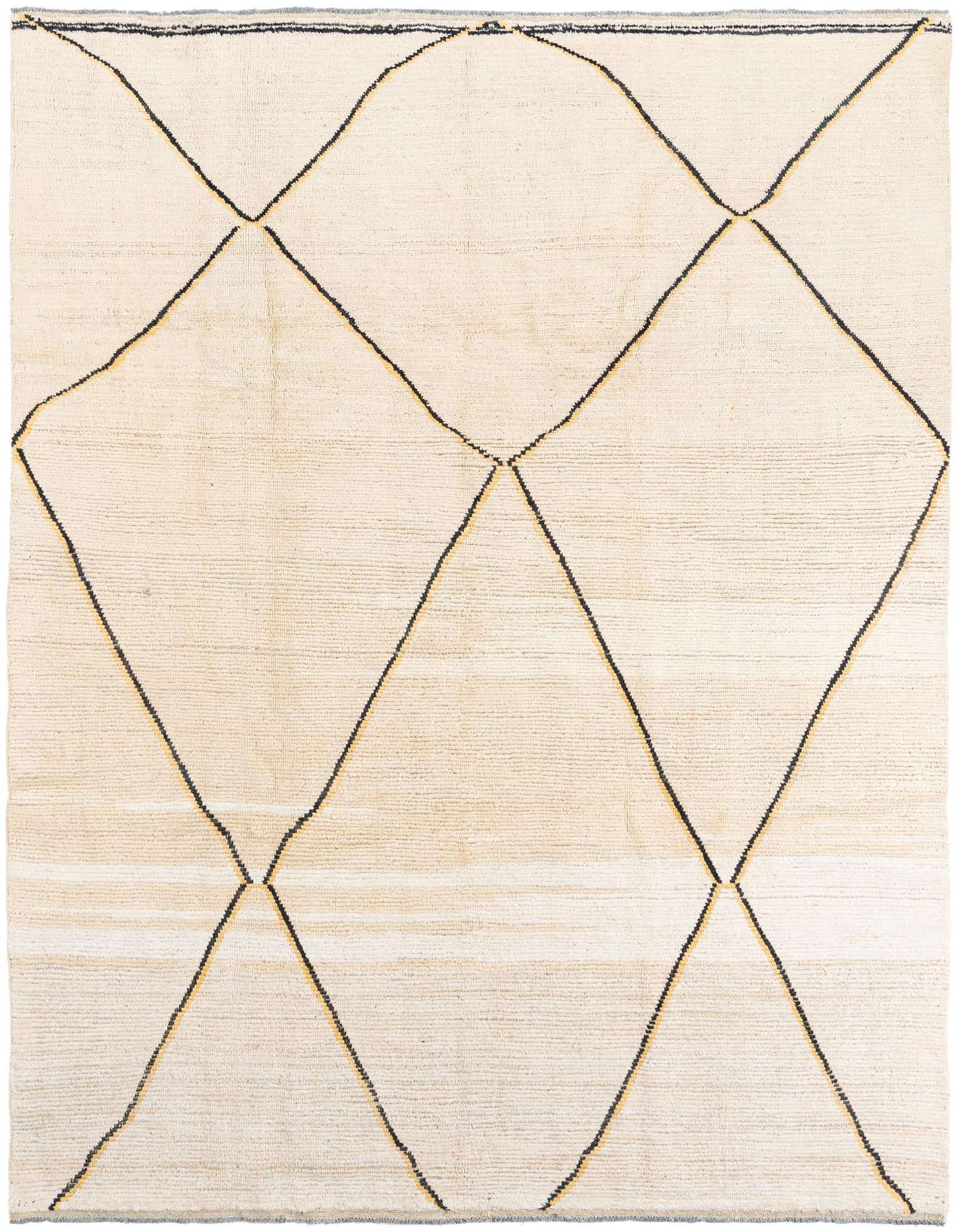 An 8x10 rectangular ivory shag rug with a modern tribal diamond pattern in black and yellow, suitable for a living room.