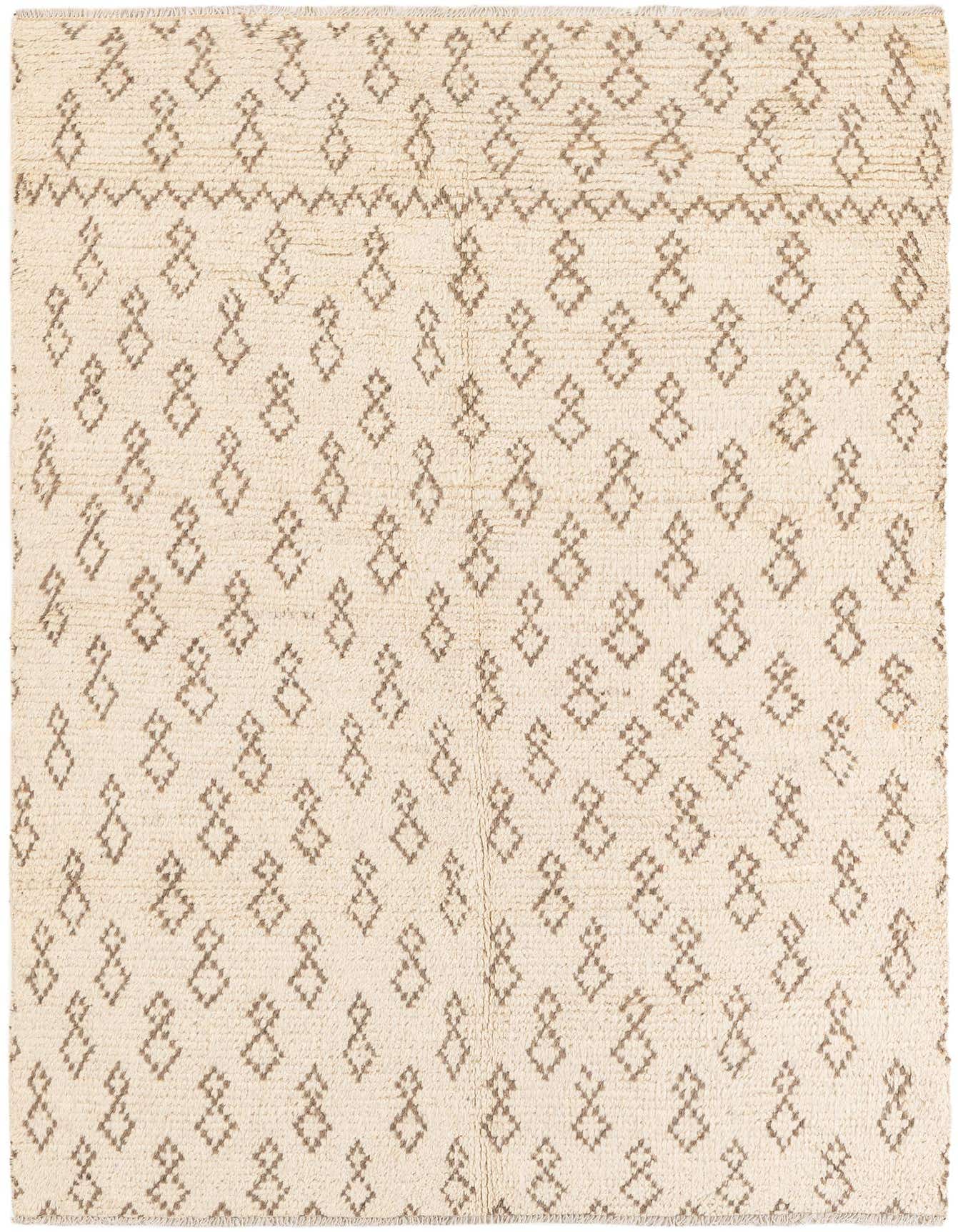 A 5x8 rectangular ivory shag rug with a repeating brown tribal diamond pattern, ideal for a living room.