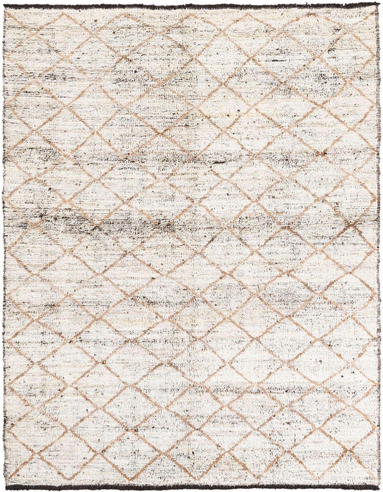 A 5x8 rectangular ivory wool shag rug with a subtle tan diamond tribal pattern, suitable for a living room.