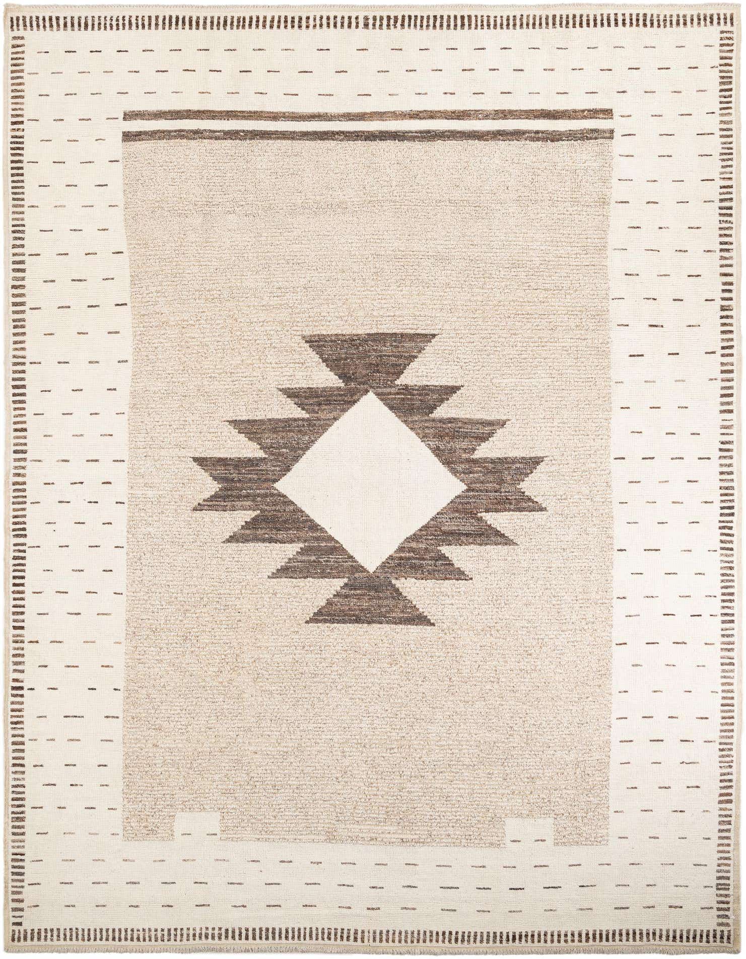 A 10x14 rectangular ivory wool shag rug with a central brown tribal medallion design and striped borders.