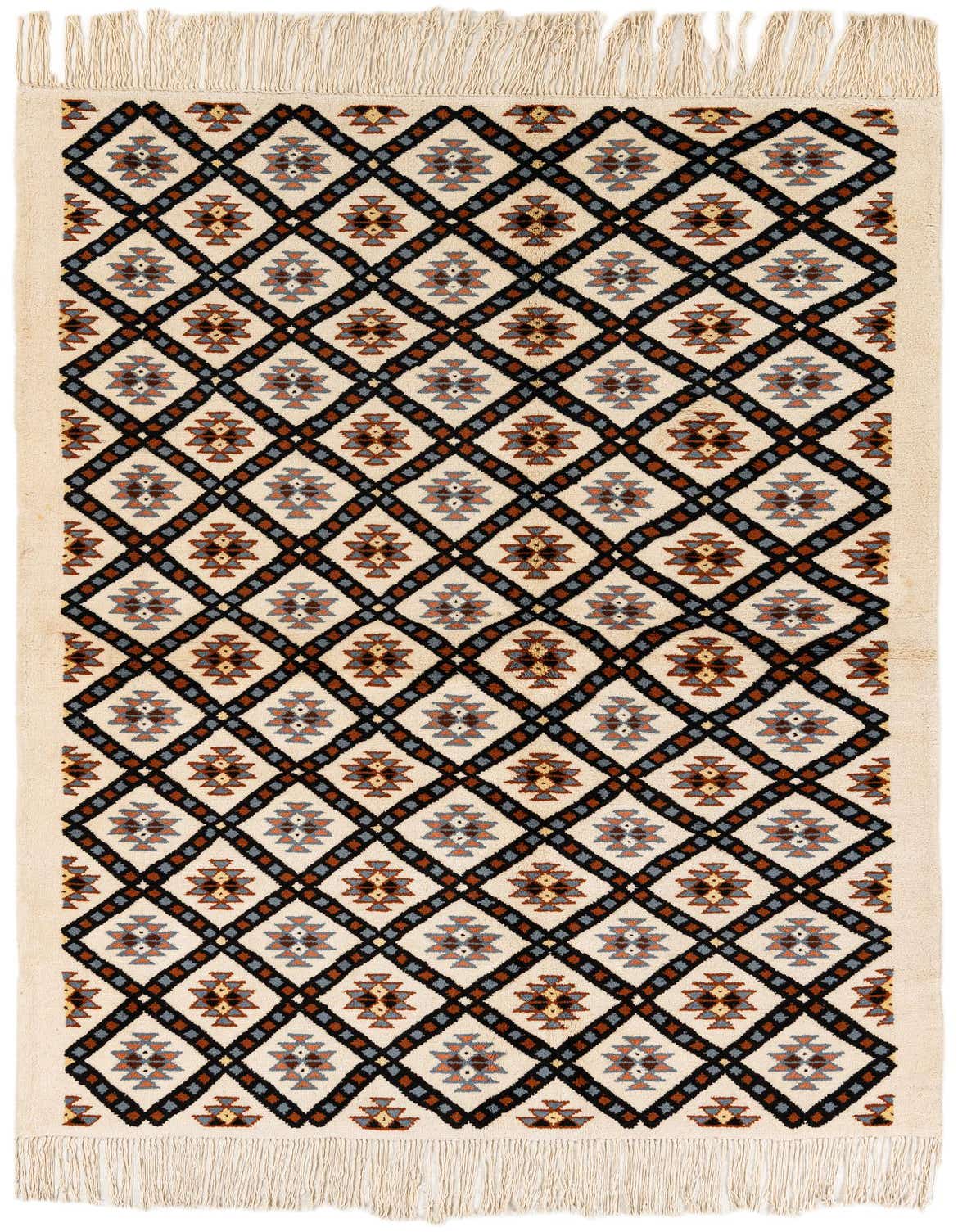 A 5x8 rectangular ivory wool shag rug with a tribal geometric pattern in black, blue, and brown diamonds.