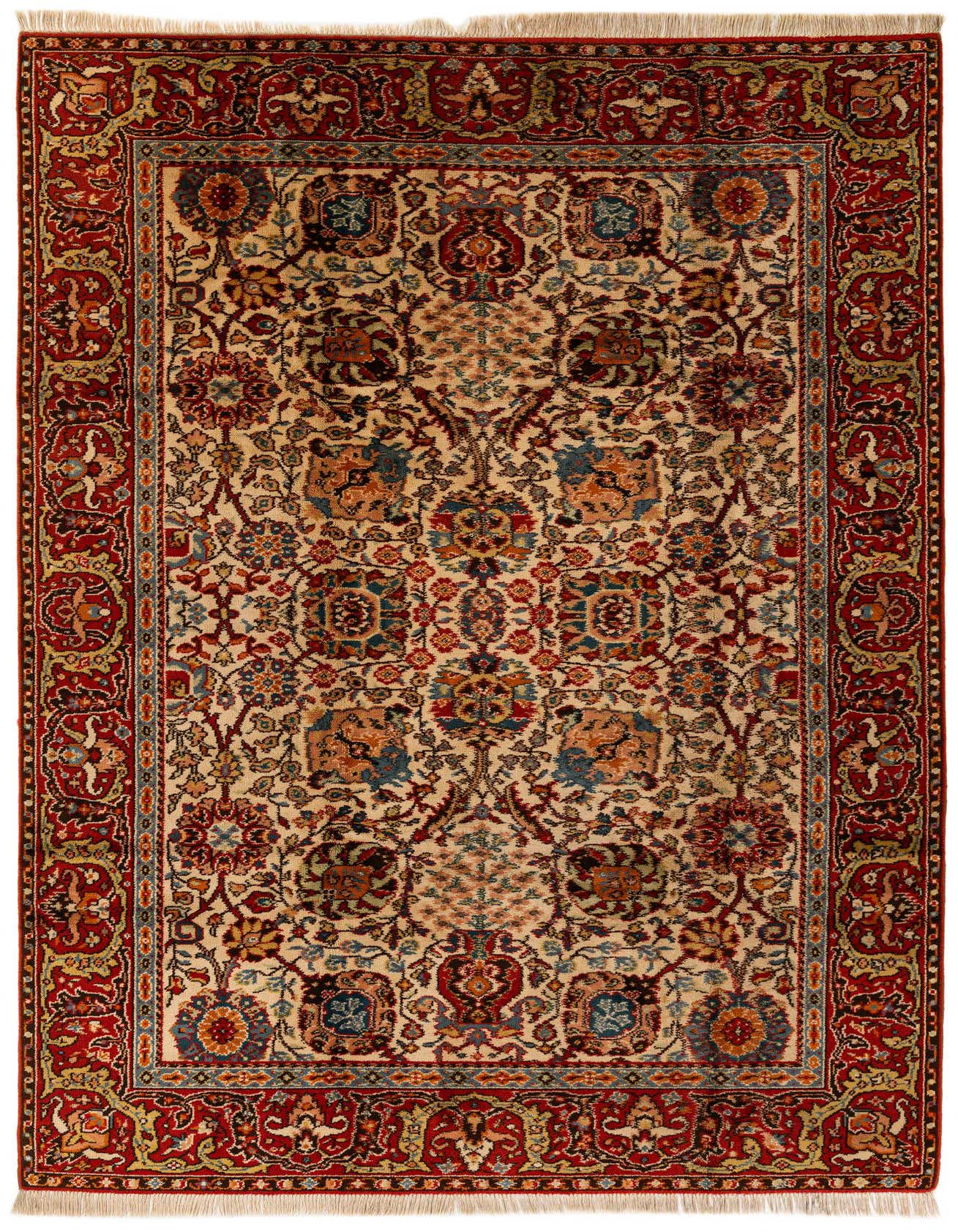 A 7x10 rectangular ivory and red traditional wool rug with an intricate floral and tribal pattern.