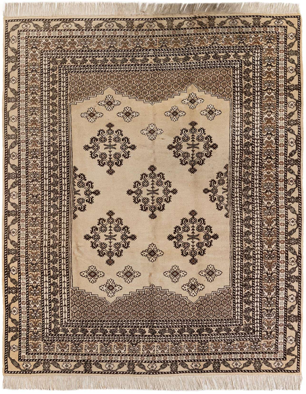 A rectangular 6x9 ivory wool shag rug with a brown tribal border and scattered geometric motifs.