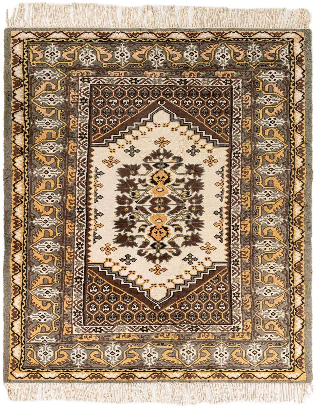 A 5x8 rectangular ivory and brown Moroccan wool rug with a tribal medallion pattern and fringe.