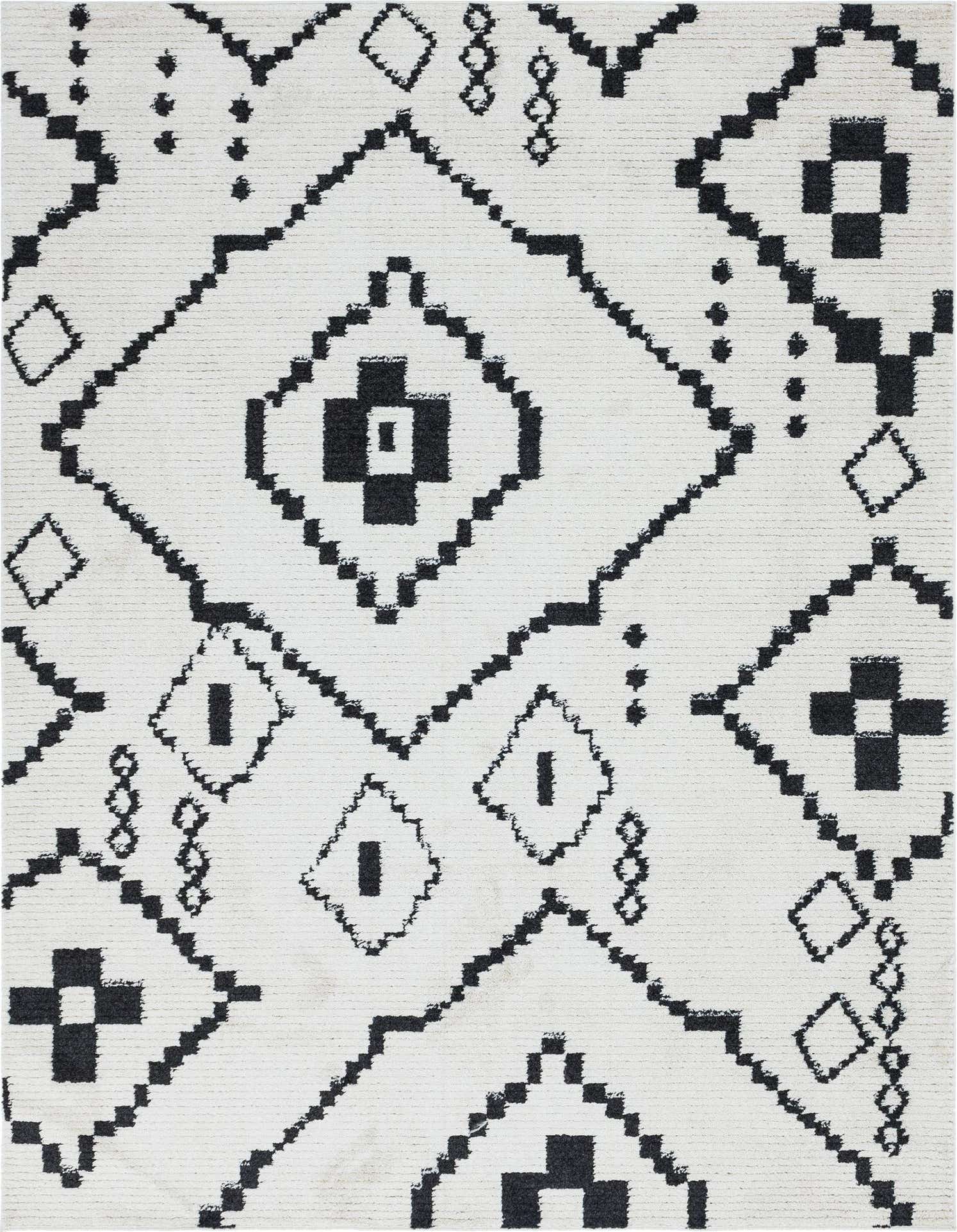 A 9x12 rectangular ivory and black bohemian rug with a textured tribal geometric pattern, ideal for a living room.