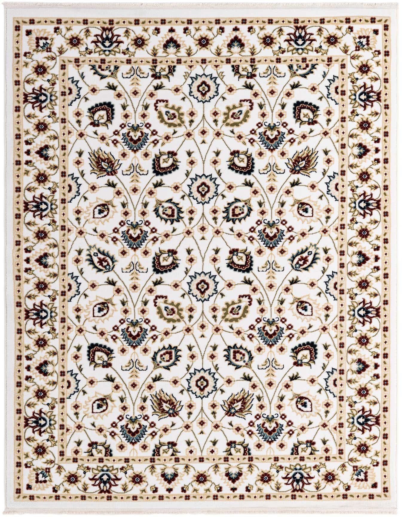 A 5x8 rectangular ivory traditional rug with an intricate floral pattern in shades of cream, blue, and red.